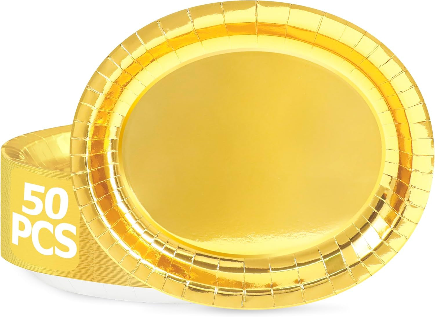 50 Pcs Gold Foil Paper Plates, 12.2'' X 10.2'' Oval Large Paper Plates, Dinner Plates Party Decorations Disposable Plates for Birthday Wedding Picnic Graduation Ceremony Anniversary Daily Use