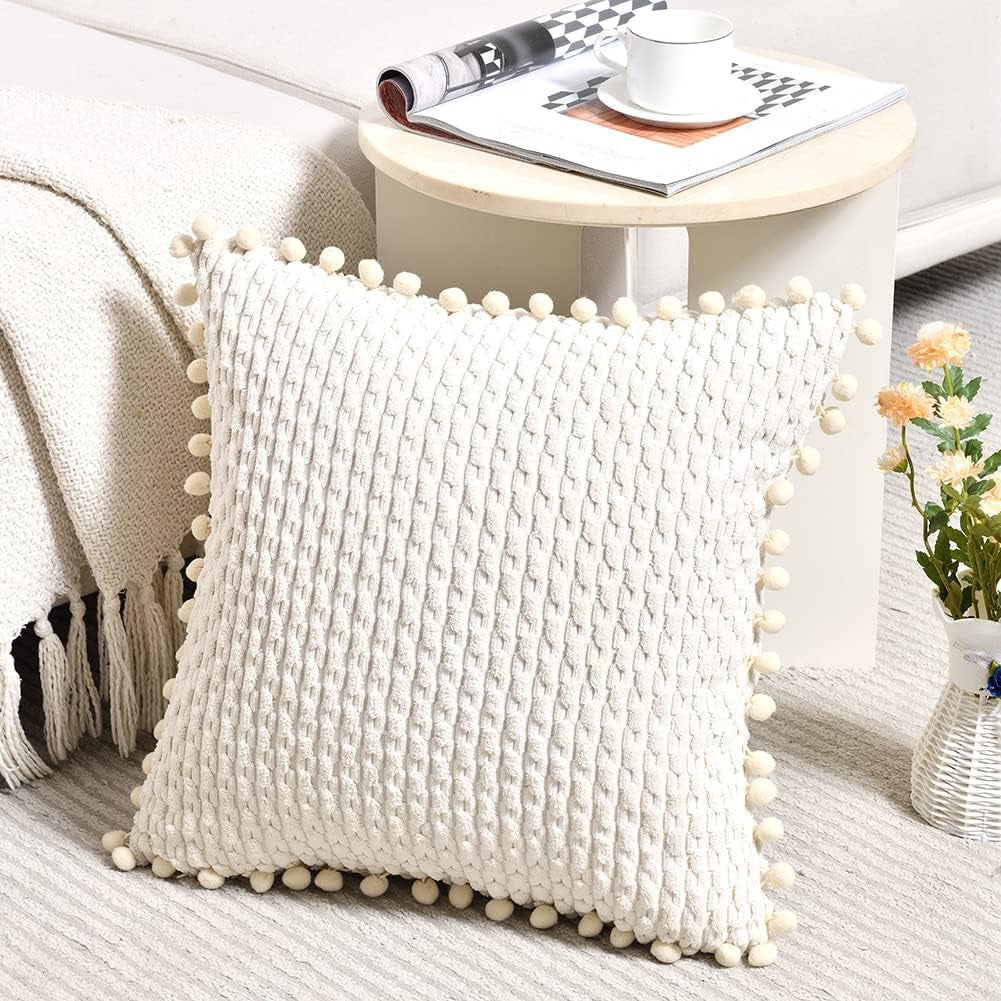 Set of 2 Boho Cream Decorative Throw Pillow Covers 18X18 Inch with Pom-Poms for Couch Bed Sofa, Modern Farmhouse Home Decor, Soft Plush Corduroy Cute Cushion Case 45X45 Cm