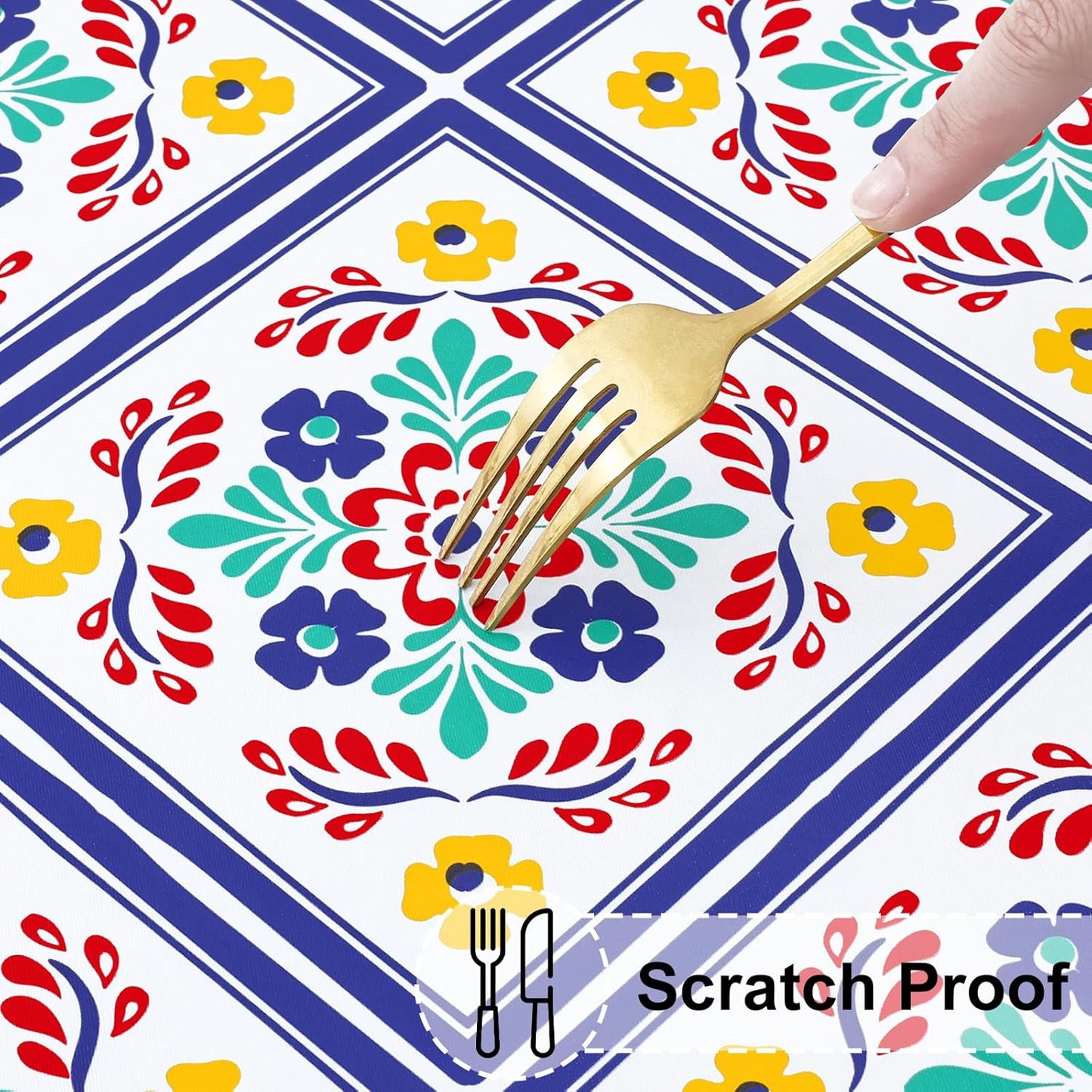 round Fitted Tablecloth with Elastic Edge, 100% Waterproof Oil Proof Plastic Table Cover, Vinyl Flannel Backed Tablecloth Fits 36"-44" round Tables for Dinner, Outdoor, Picnic, Geometric Flower