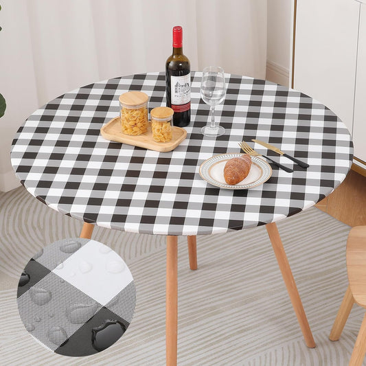 round Fitted Tablecloth with Elastic Edge, Buffalo Plaid Waterproof Vinyl Flannel Backed Table Coloth Cover Fits 36"-44" round Tables for Dinner, Outdoor, Picnic, Black White Check