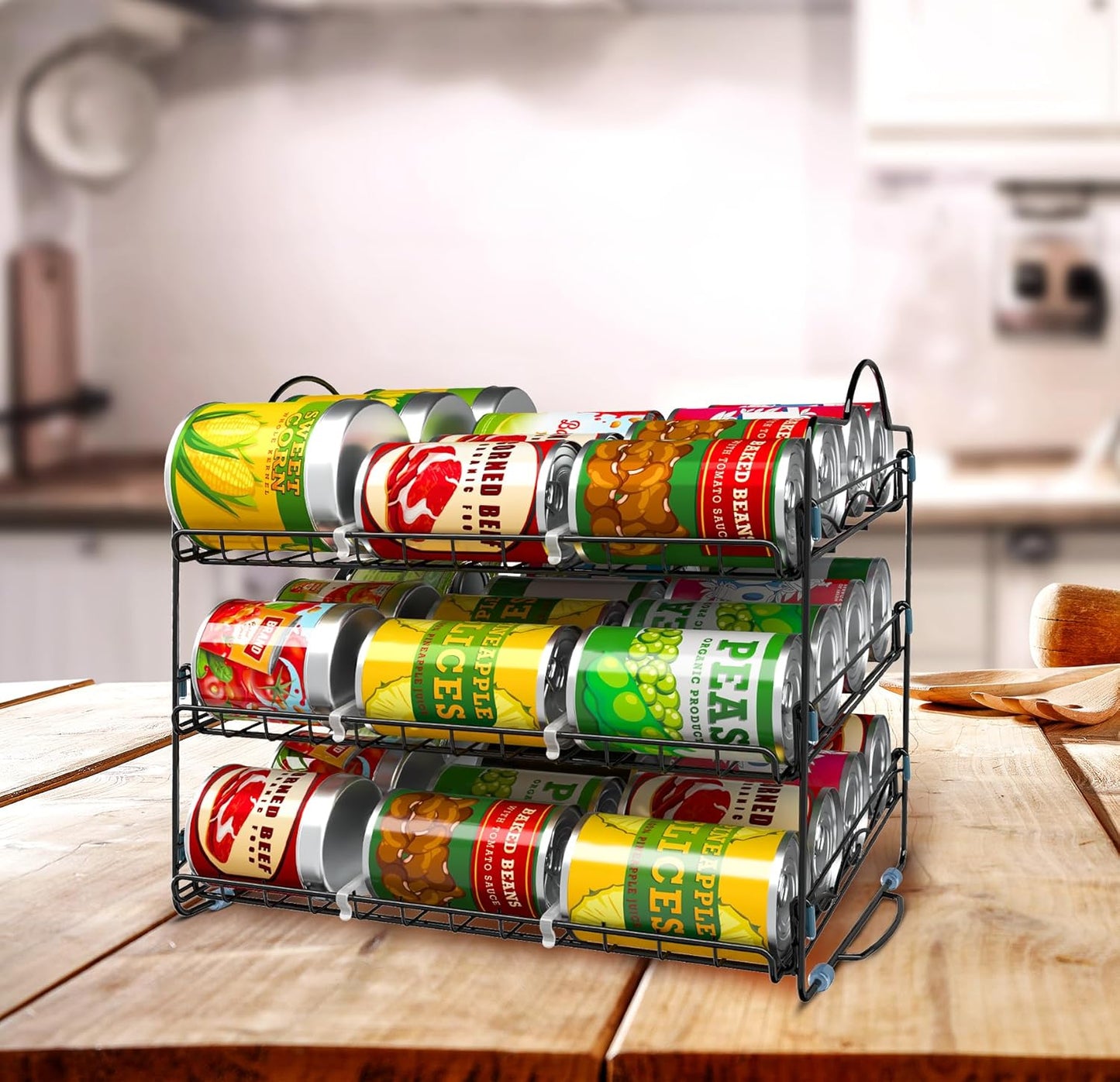 Storage Rack Organizer 16.5 X 12.5 X 13.5 Inch, Stackable, Holds Upto 36 Cans for Kitchen Cabinet or Pantry (Black)