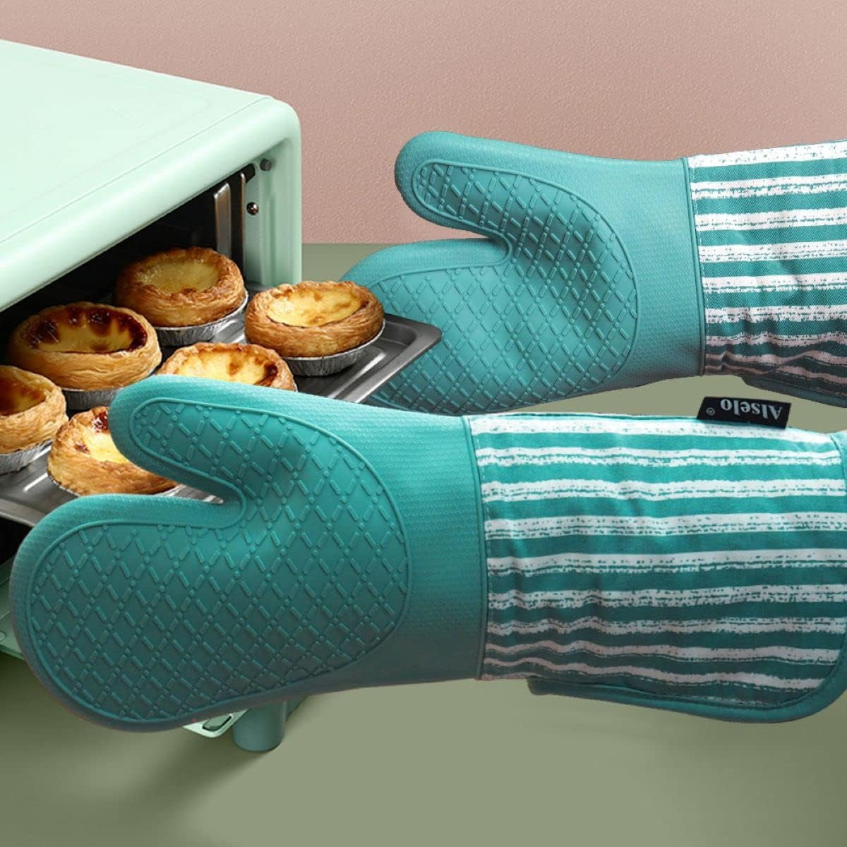 Silicone Oven Mitts Heat Resistant 932℉ with Waterproof & Non-Slip Kitchen Mittens, Set of 2 Extra Long Oven Gloves with Soft Cotton Terry Lining for Baking Cooking Barbecue