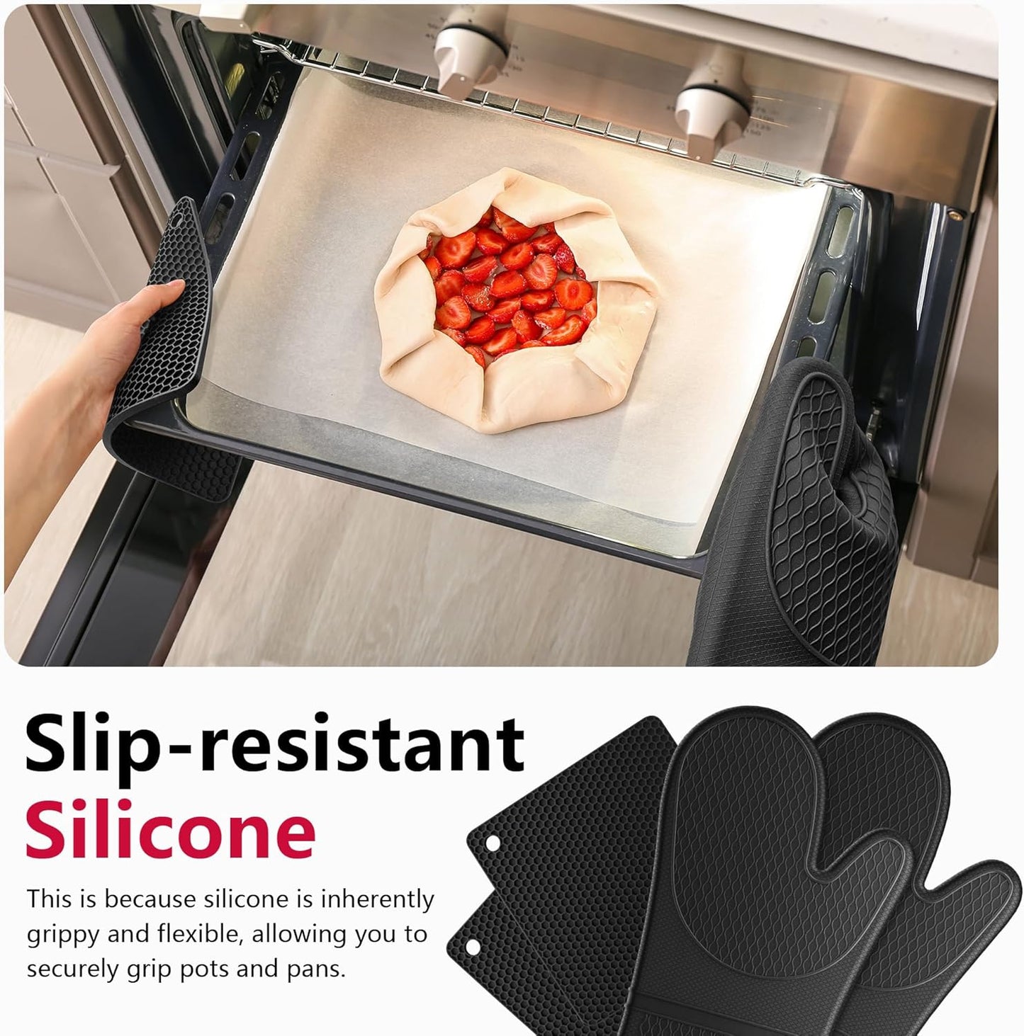 Extra Long Silicone Oven Mitts with Pot Holders with Soft Cotton Lining Non-Slip Textured Grip, Heat and Slip Resistant Oven Mitts with Pot Holders for Baking, Cooking, Black