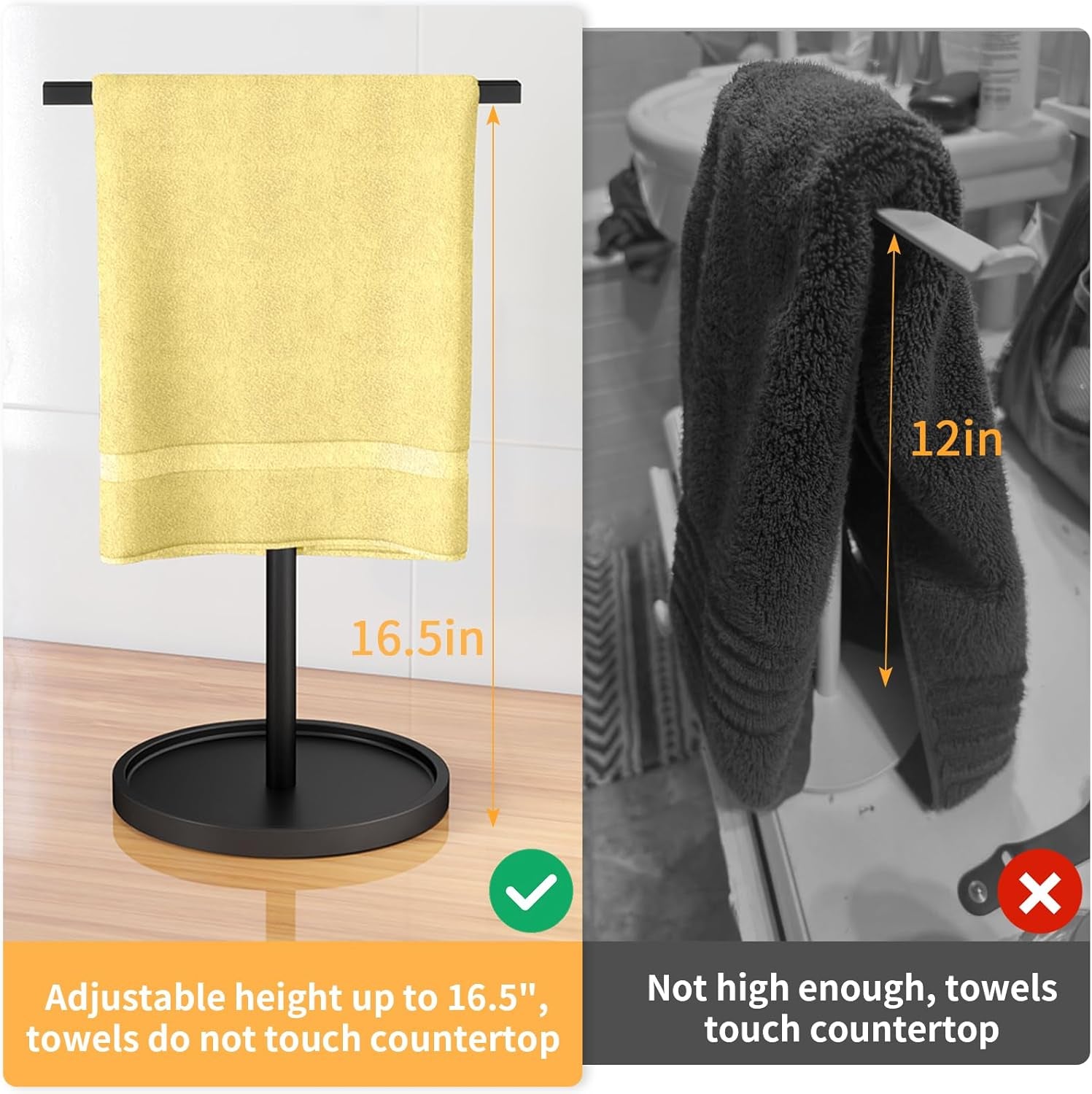 Hand Towel Stand, Towel Holder Stand for Bathroom Countertop Kitchen, 16.5IN Adjustable Retractable T-Shape Hand Towel Rack, Matte Black