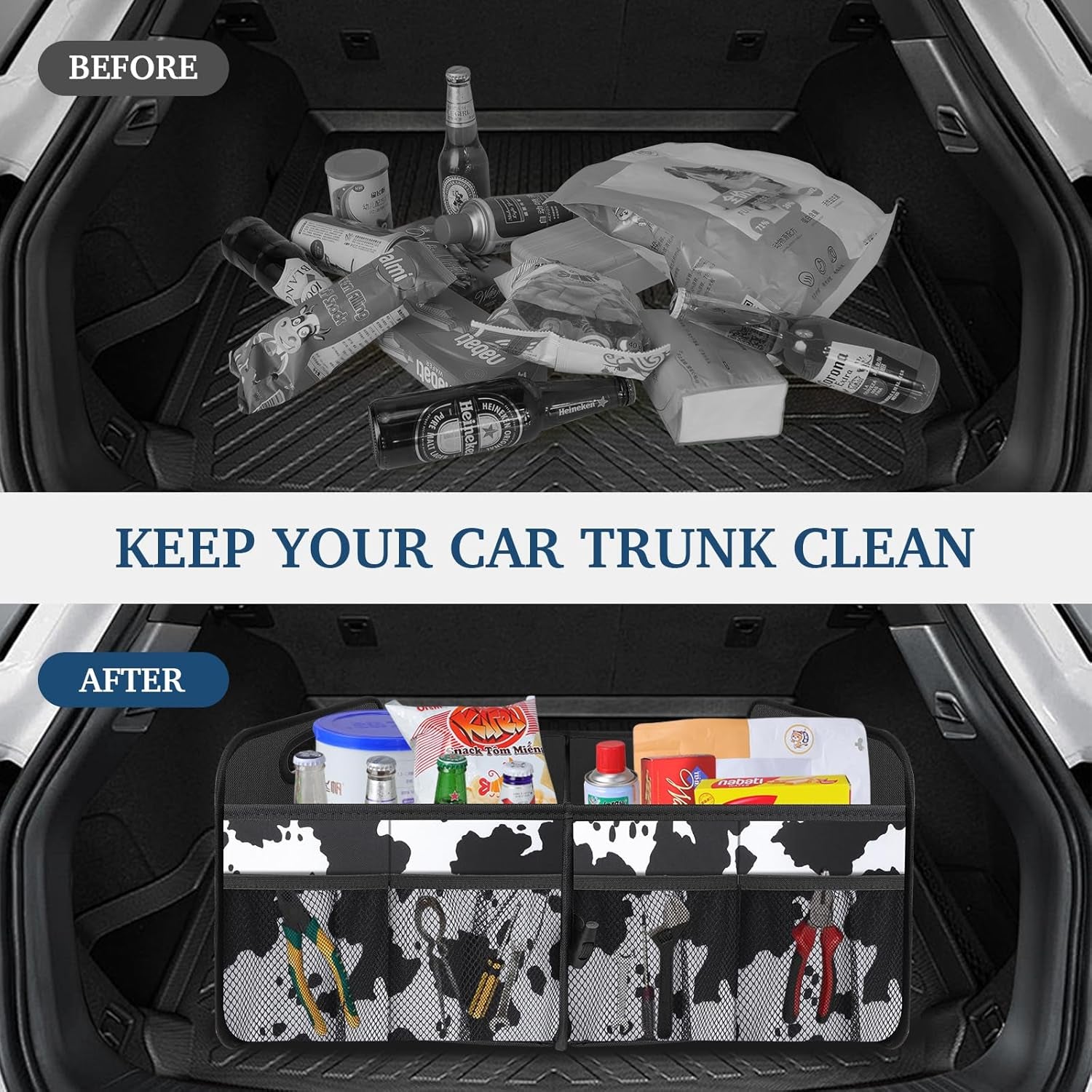 Car Trunk Organizer, Cow Print, Vintage Style, 52L Capacity, 4 Compartments, Waterproof, Non-Slip, Collapsible, 22.5"D X 18"W X 10.8"H