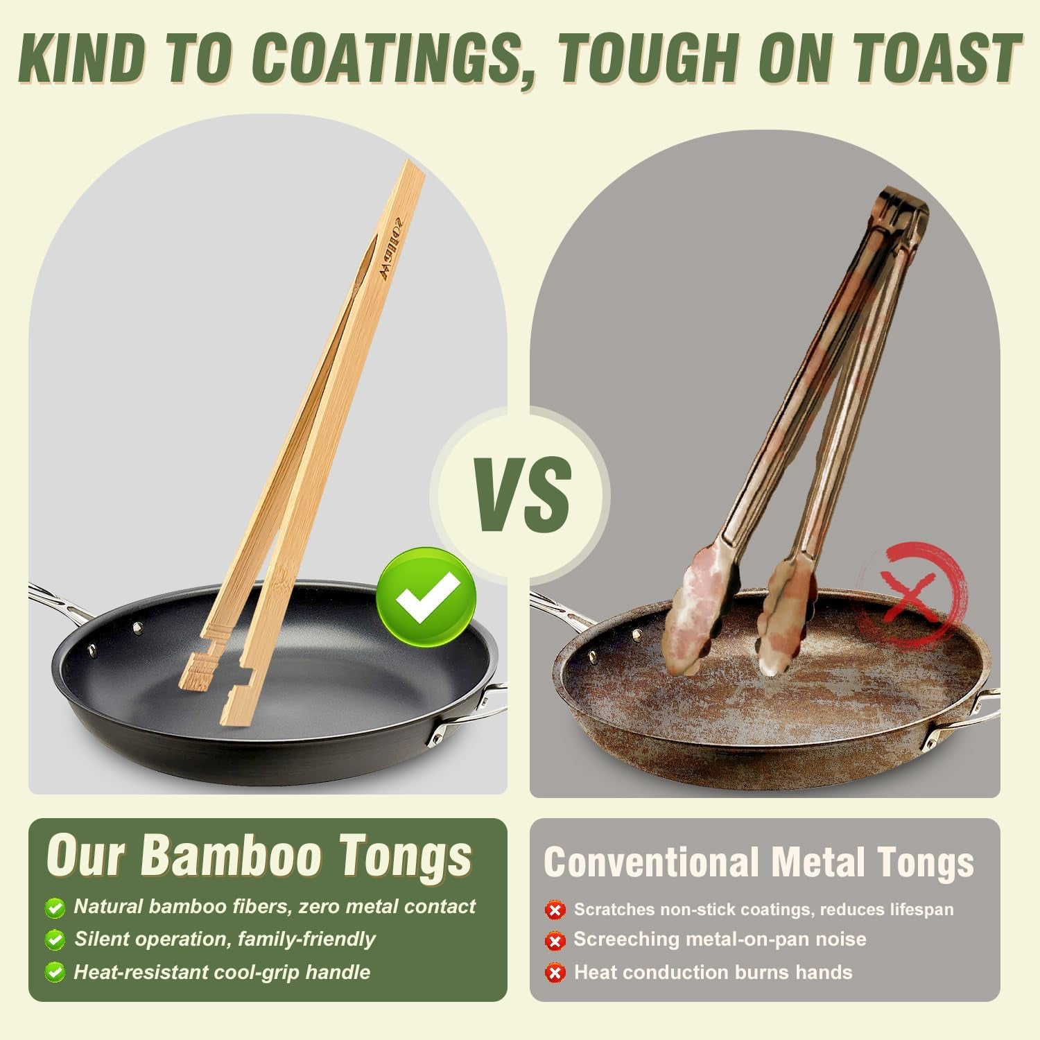 Wooden Tongs - Bamboo Toaster Tongs for Cooking, Bamboo Tongs Ideal for Toaster, Fruits, Bread & Pickles, Kitchen Utensil for Cheese Bacon Muffin - 8" & 10 Inch Long | Set of 2