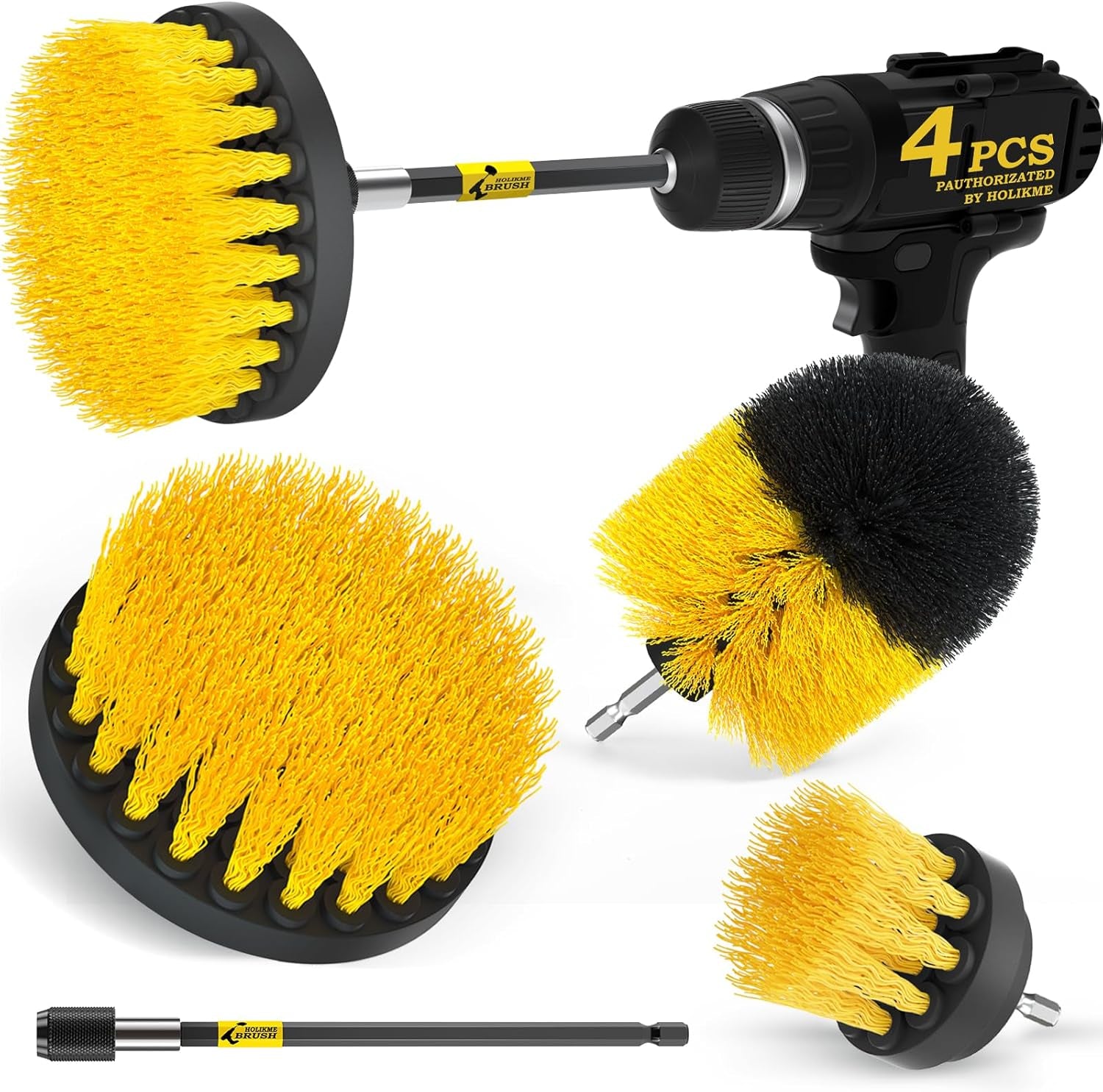 4 Pack Drill Brush Attachments Set, Power Scrubber with Extend Long Attachment,Cleaning Supplies for Bathtub, Shower, Grout, Tile(Yellow)