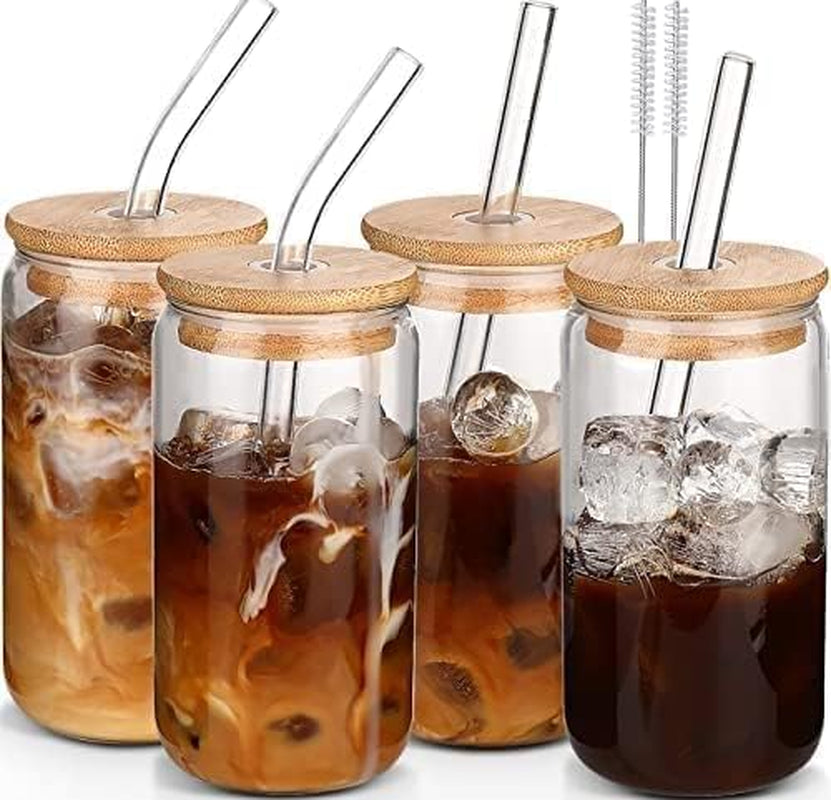 Glass Cups with Lids and Straws 4 Pcs,16Oz Drinking Glasses Set for Coffee Bar Accessories,Iced Coffee Cups with Lids,Matcha Cup Glass Tumbler Reusable for Gifts