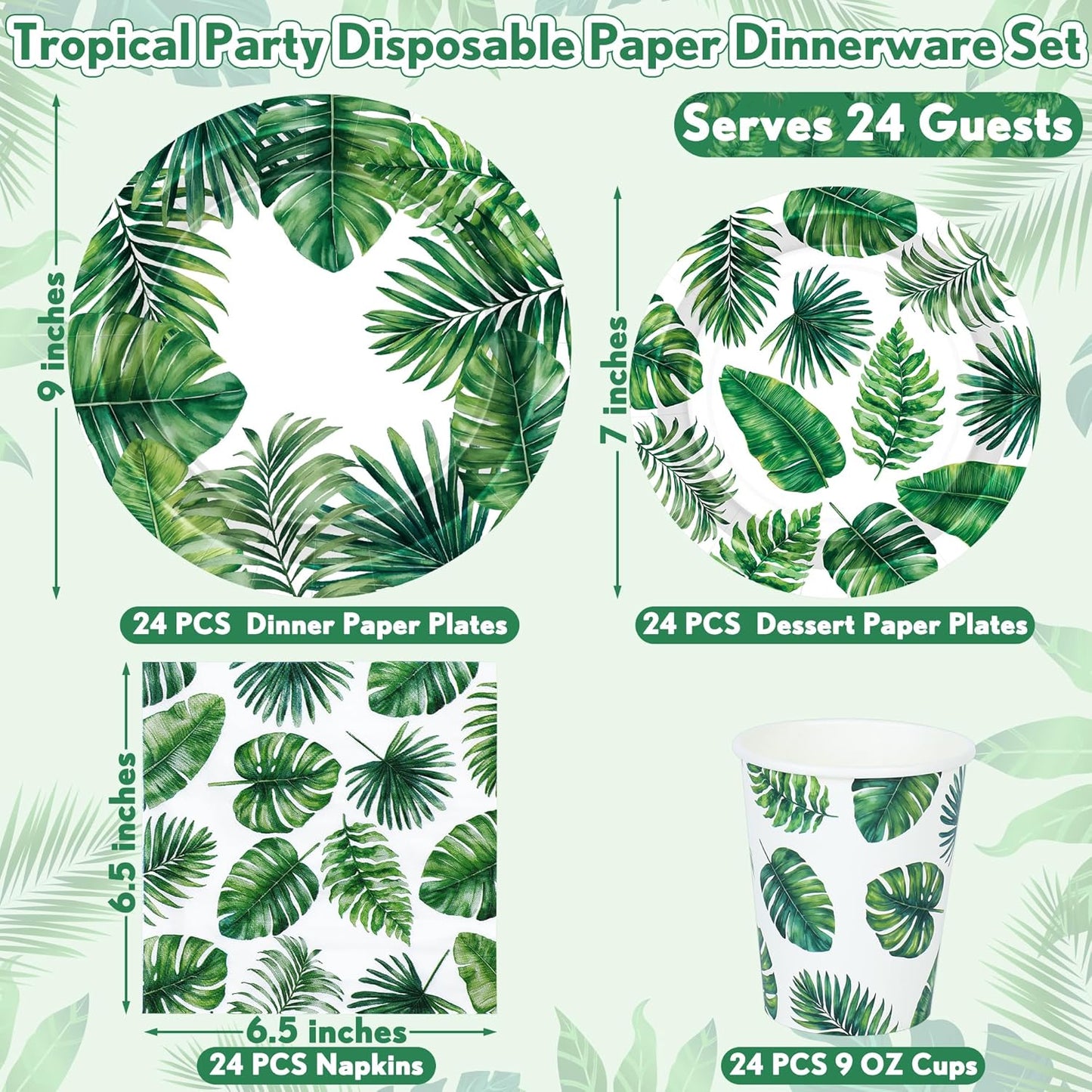 24 Sets Hawaiian Luau Party Decorations, Tropical Palm Leaf Disposable Tableware Set, 7 and 9 in round Paper Plates for Summer Themed Events Aloha Birthday Party Supplies, Serves 24