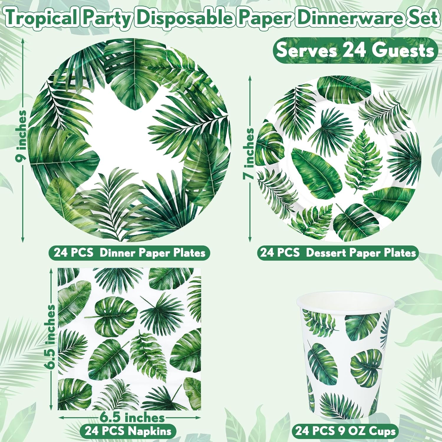 24 Sets Hawaiian Luau Party Decorations, Tropical Palm Leaf Disposable Tableware Set, 7 and 9 in round Paper Plates for Summer Themed Events Aloha Birthday Party Supplies, Serves 24