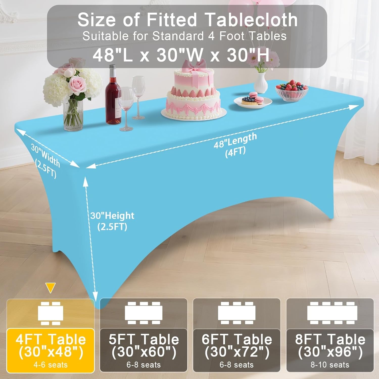 2 Pack Spandex Table Cloth 4FT, Elastic Fitted Stretch Tablecloths for Rectangle Tables, Washable Table Cover for Outdoor, Wedding, Banquet & Parties (Blue Mist, 48Lx30Wx30H Inch)