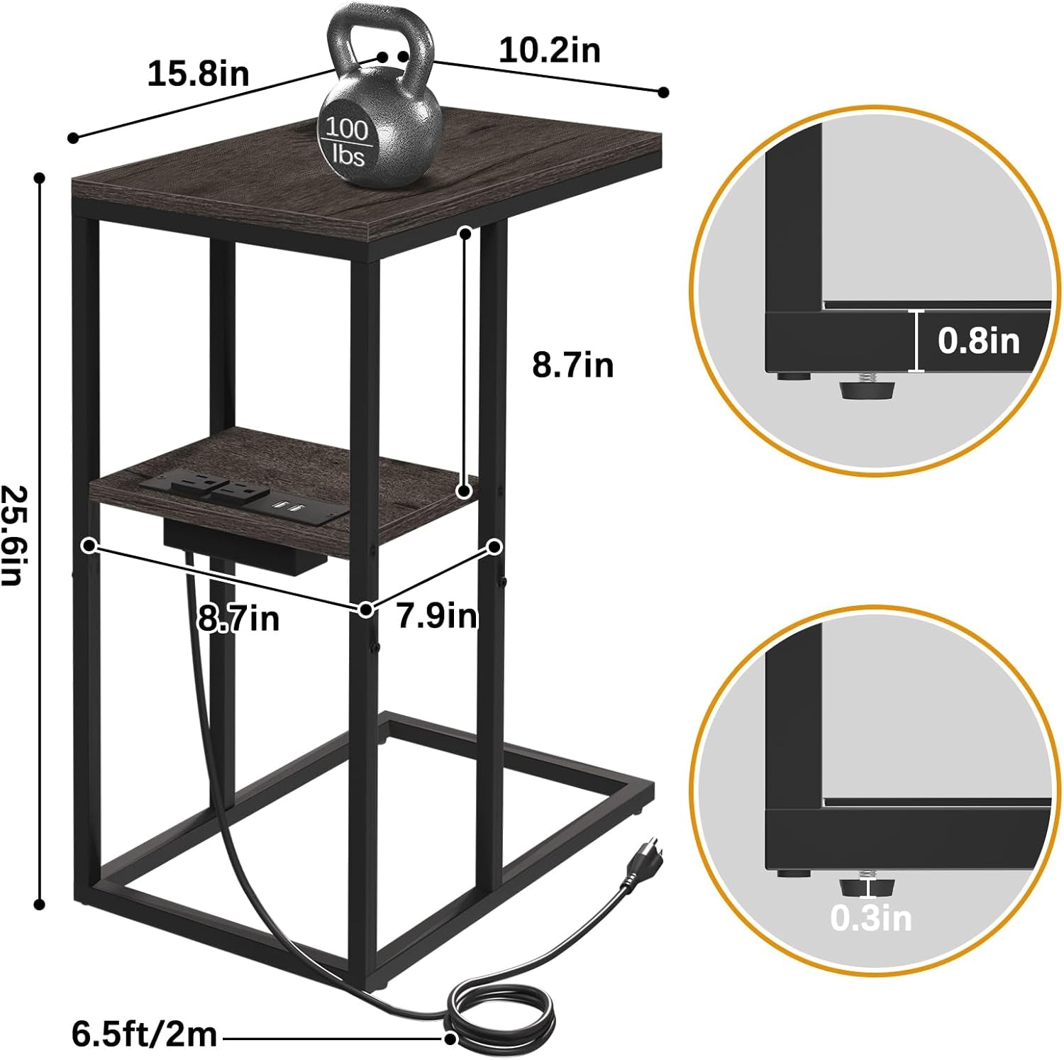 C Shaped End Table with Charging Station for Living Room, Bedroom, Sofa Table with USB Ports and Outlets for Small Spaces, C Couch Rustic Snack Bed Table, Charcoal Gray