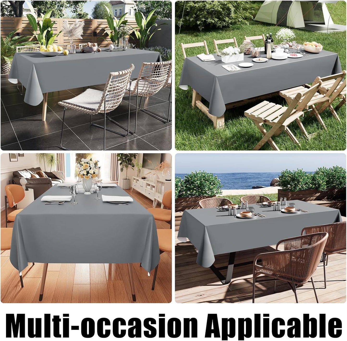 Rectangle Tablecloth 60 x 84 Inches, Waterproof and Wipeable Vinyl Protector, Oil-Resistant Plastic Cover for Dining, Picnics, Camping, and Outdoor Use, Grey