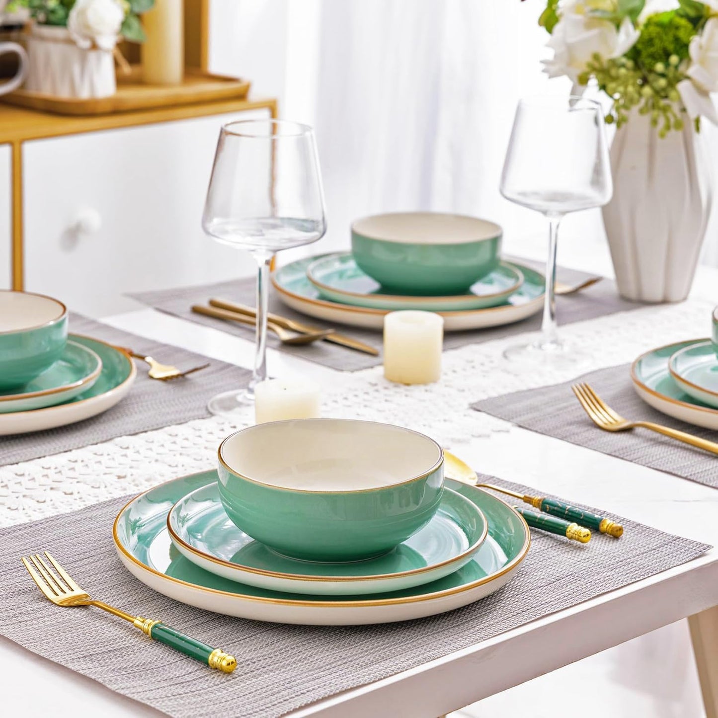 12-Piece Stoneware Dinnerware Set, Dishwasher and Microwave Safe, Service for 4
