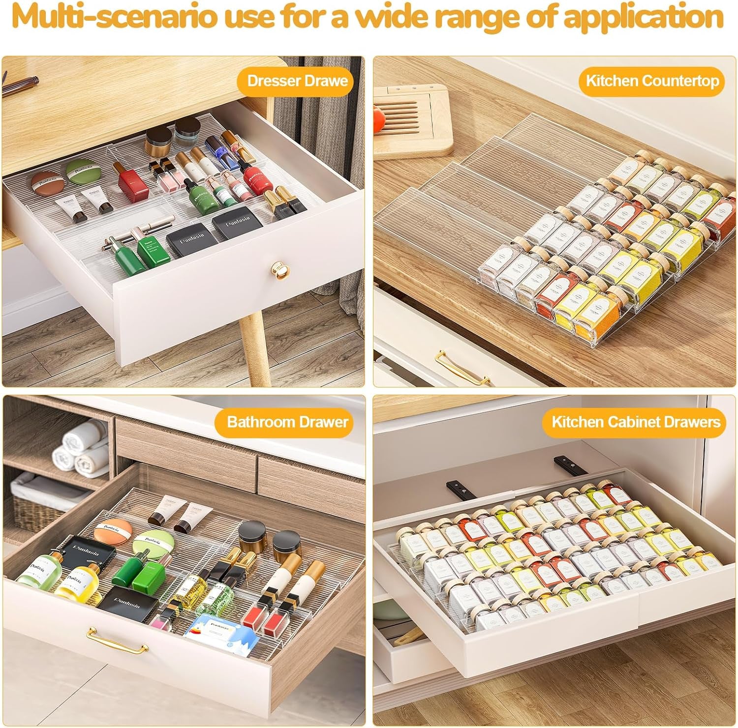 2-Tier Spice Drawer Organizer 4 Pack, Expandable from 11" to 22" Clear Acrylic Spice Rack for Drawer, Kitchen Spice Organization, Seasoning Organizer Holds up to 48 Jars(Jars Not Included)