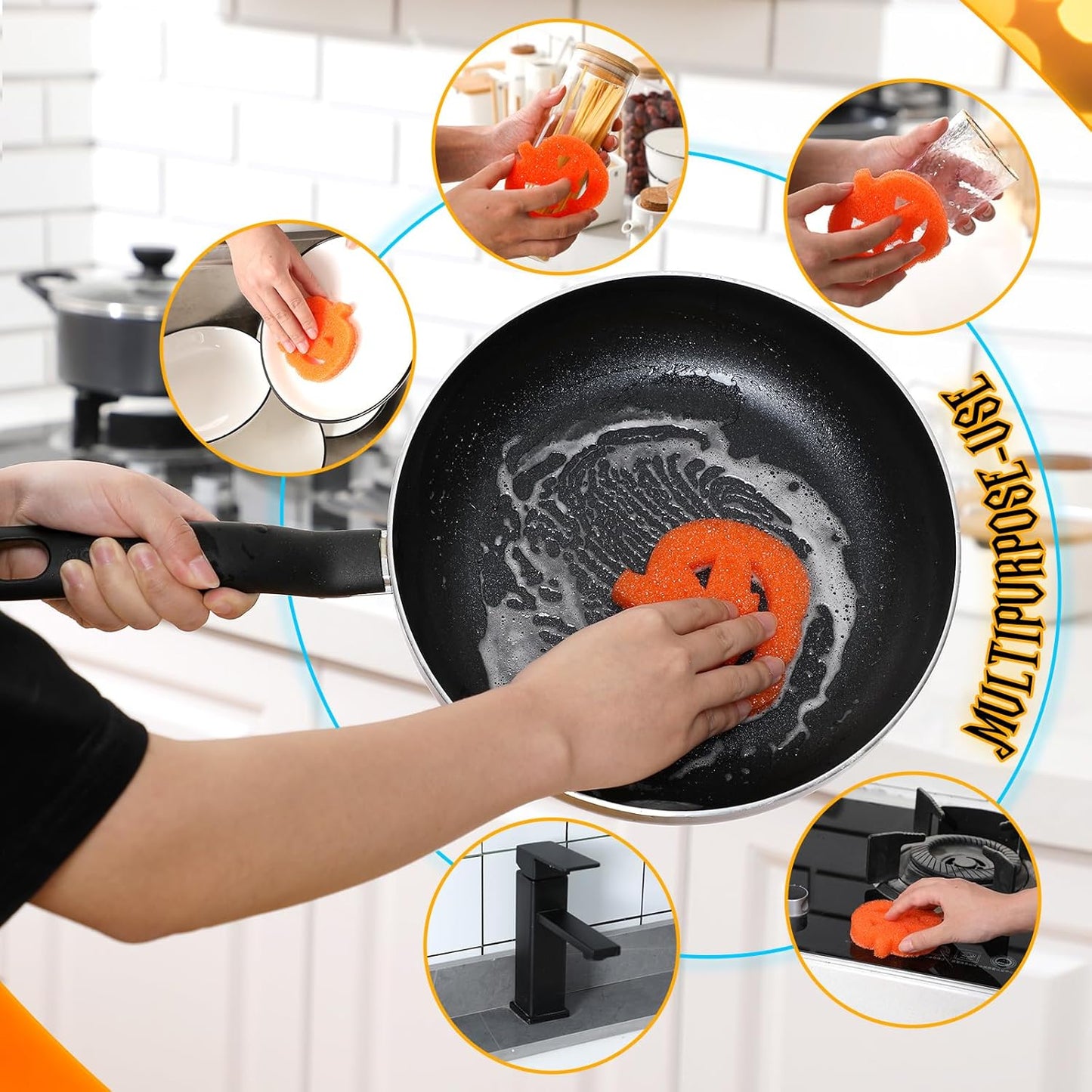 6-Pack Halloween-Themed Non-Scratch Cleaning Sponges for Kitchen Use - Ghost, Bat, Pumpkin, and Cat Designs with Temperature Sensitivity for Dishwashing and Household Cleaning