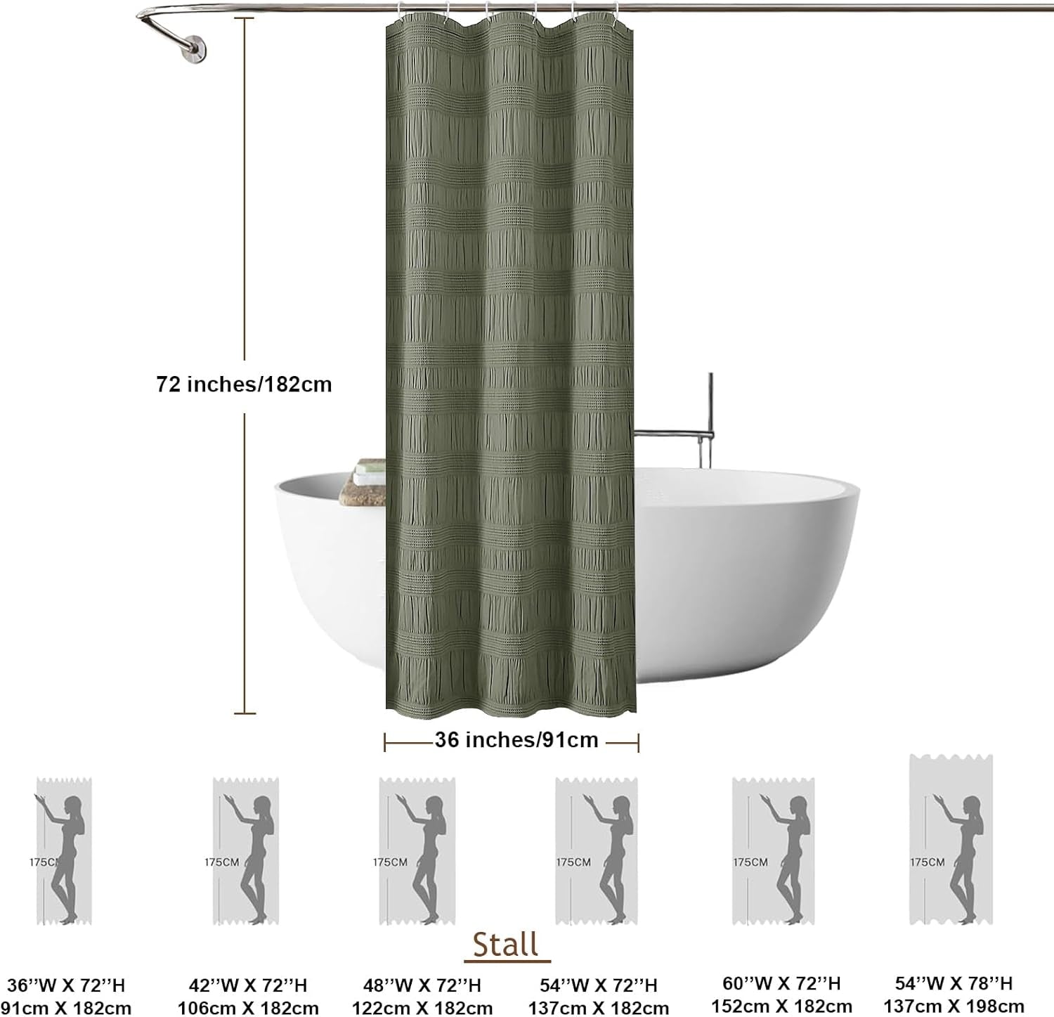 Sage Green Shower Curtain, Farmhouse Rustic Striped Textured Fabirc Stall Shower Curtain for Bathroom Narrow Stall Size, Hotel Style, Machine Washable, Sage Green, 36X72