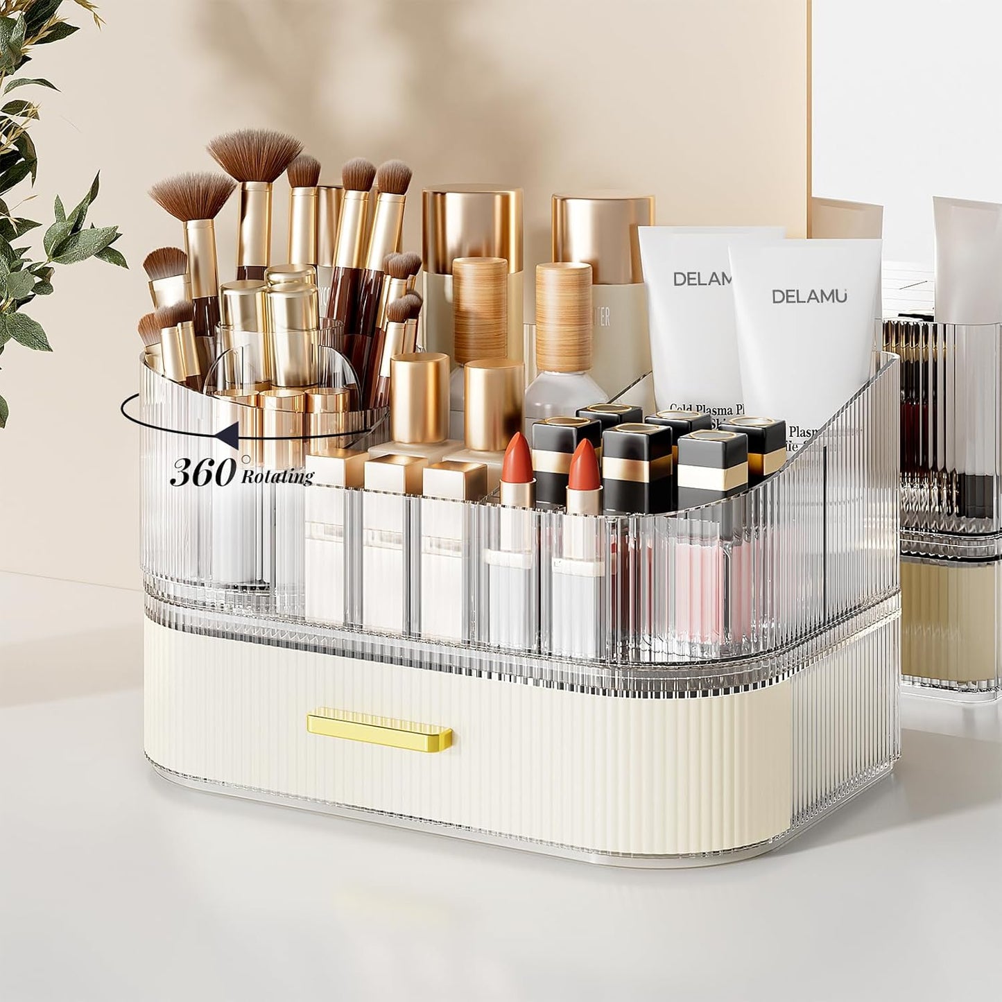 Makeup Organizer for Vanity with Stackable Drawers, 360 Rotating Makeup Brush Holder Large Cosmetic Display Case for Dresser, Bathroom Countertop Skincare Organizers and Storage, Elegant White