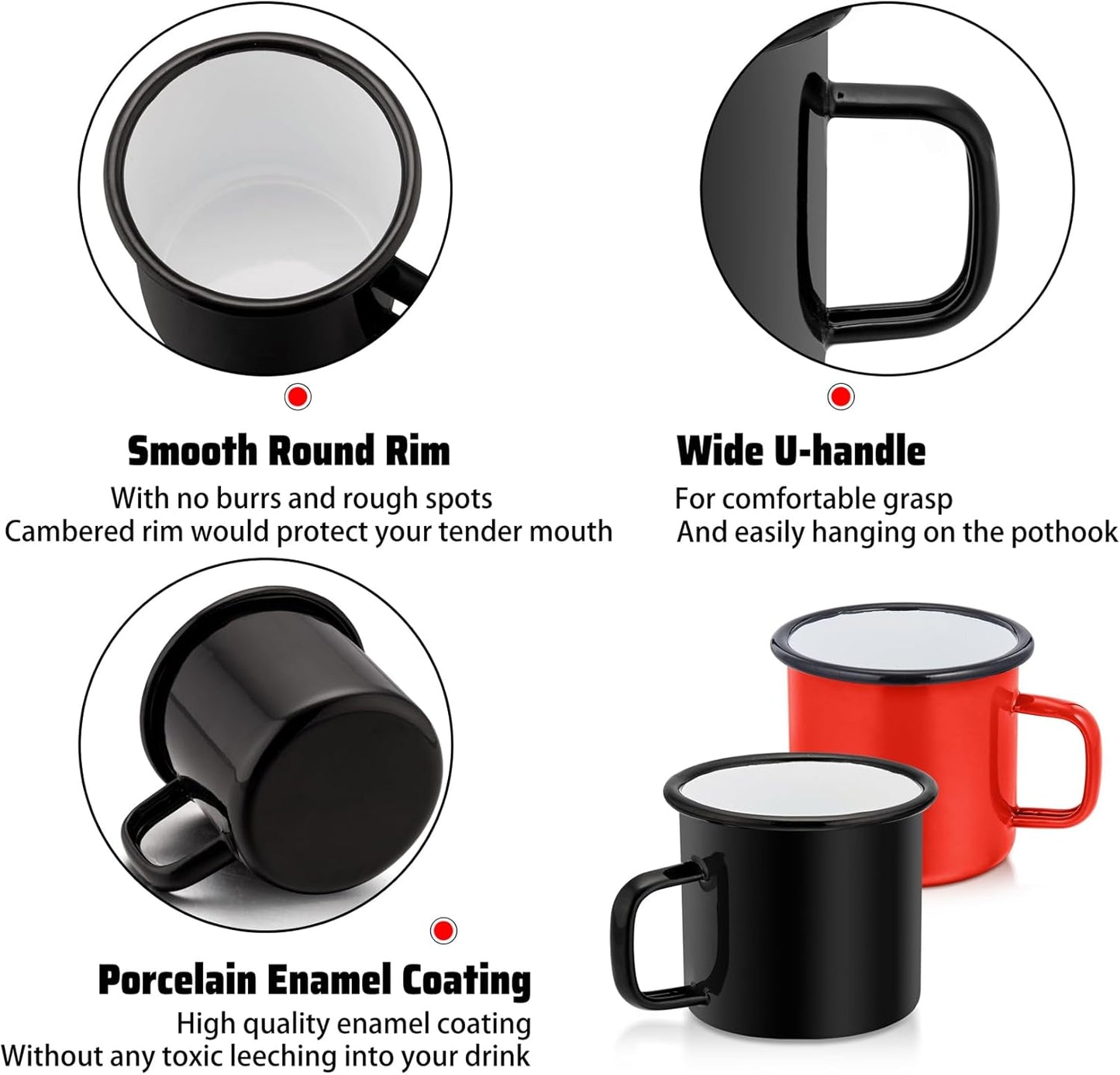 Enamel Coffee Mugs Cups Set of 2,12 Oz Small Enamel Camping Cup for Coffee Water Soup, Indoor and Outdoor Use, Portable & Sturdy, Black & Red