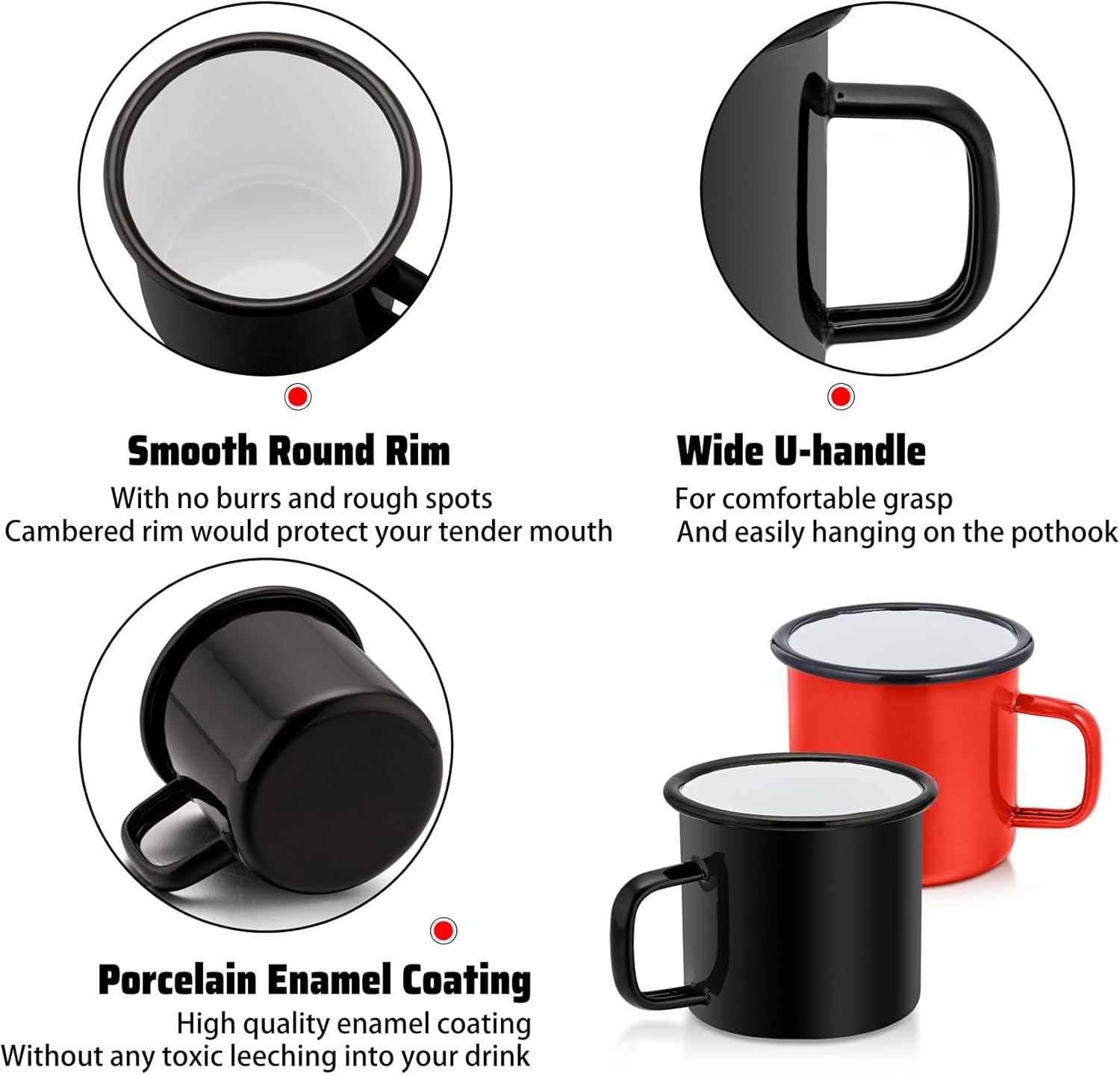 Enamel Coffee Mugs Cups Set of 2,12 Oz Small Enamel Camping Cup for Coffee Water Soup, Indoor and Outdoor Use, Portable & Sturdy, Black & Red