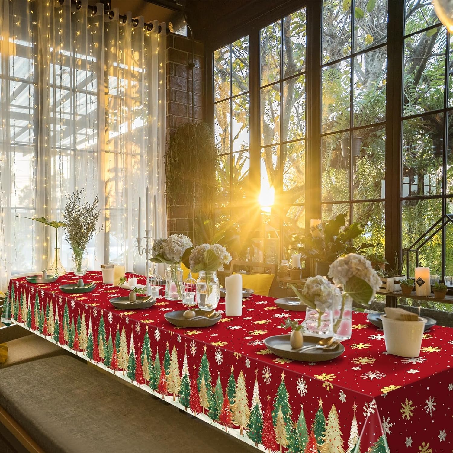 3Pcs Christmas Disposable Tablecloths Rectangle,Christmas Trees Red Plastic Table Cloth,Waterproof Winter Snowflakes Table Cover for Xmas Holiday Home Dinner Party Decorations,54 X 108 Inch