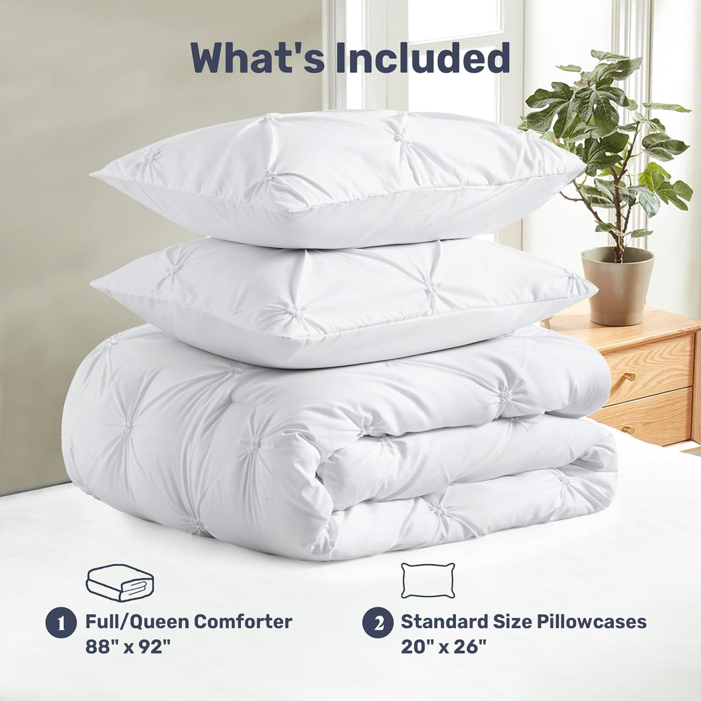 Queen Comforter Set White - Lightweight Soft Pintuck down Alternative Bedding Set for Summer, All Seasons, 3 Pieces Pinch Pleat Solid Bed Set with Comforter, 2 Pillowcases