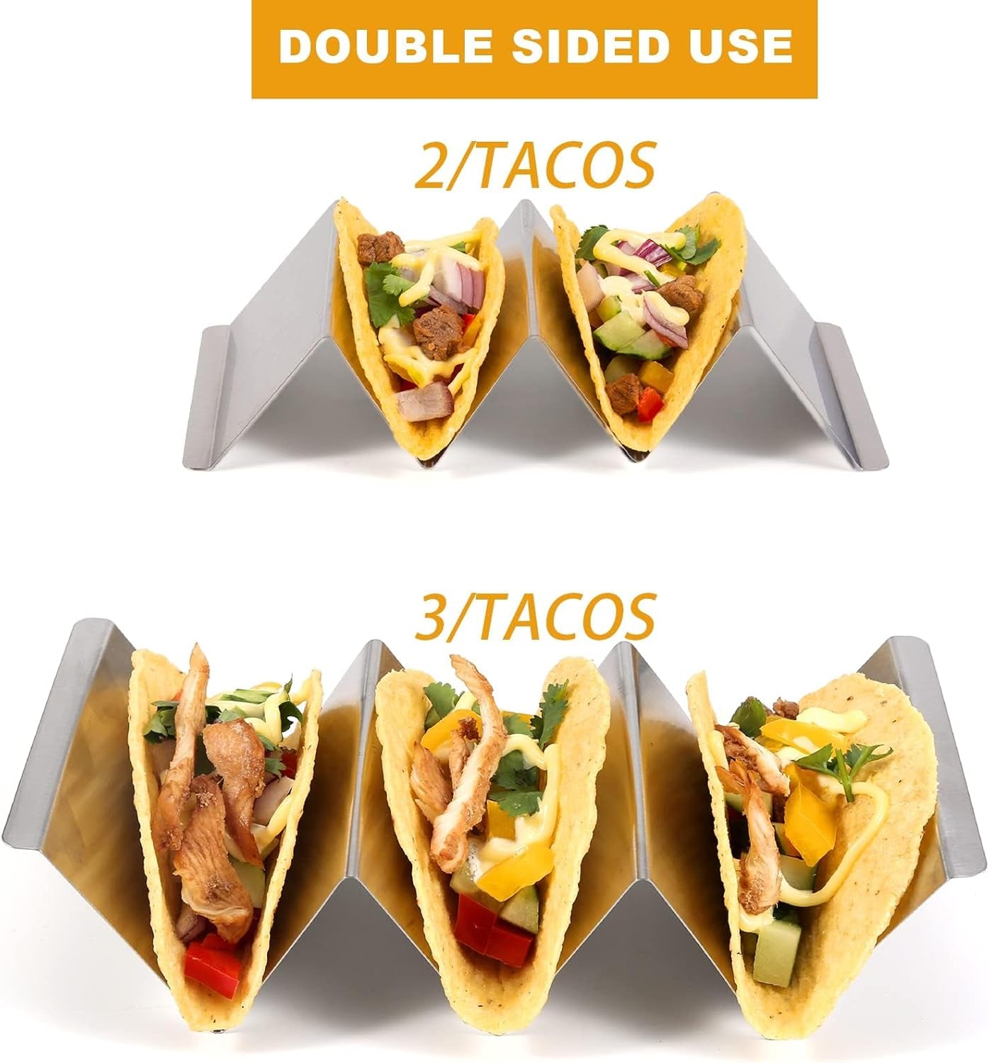 Taco Holders Set of 5, Taco Stand, Stainless Steel Taco Holder, with Easy-Access Handle, Each Can Hold 2 to 3 Tortillas, Oven Safe for Baking, Dishwasher and Microwave Safety
