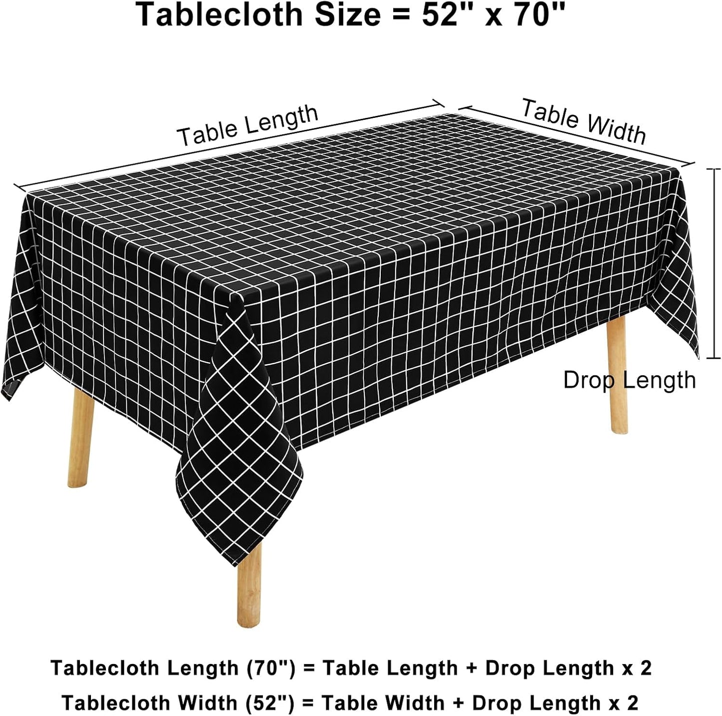 6 Pack Rectangle Waterproof Fabric Table Cloth, Plaid Stain Resistant Polyester Tablecloth, Washable Cloth Table Cover for Dining Room, Outdoor, Picnic (52" X 70", Black)