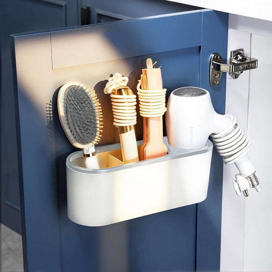 Self-Adhesive Hair Dryer Holder - 3-in-1 Hair Tool Organizer for Bathroom, Wall-Mounted, Over Cabinet Door, and Free-Standing, White and Grey