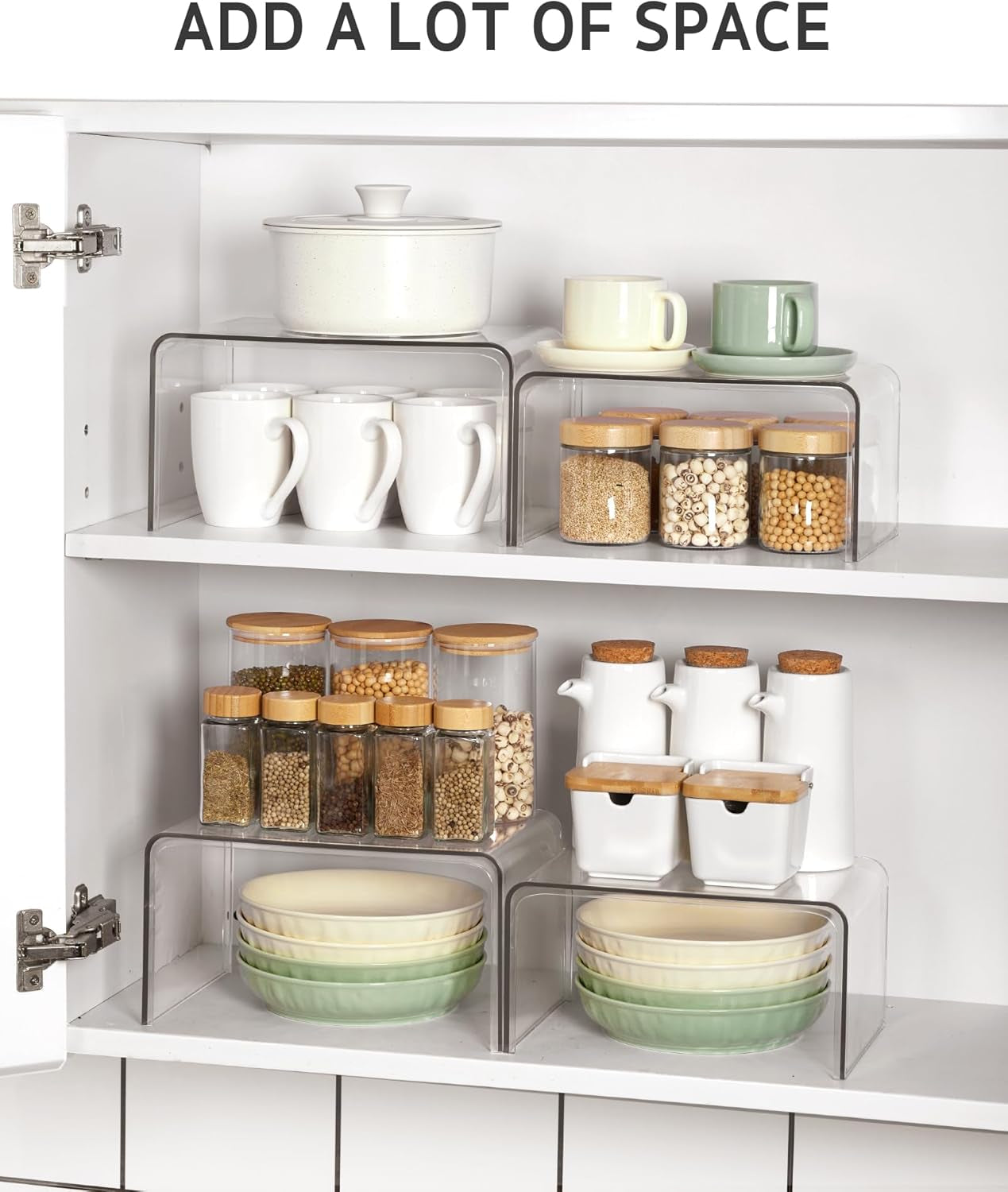 Cabinet Shelf Organizer, 4 Pack Spice Organization for Cabinet, Seasoning, Plate Organizer Shelf Riser, Clear