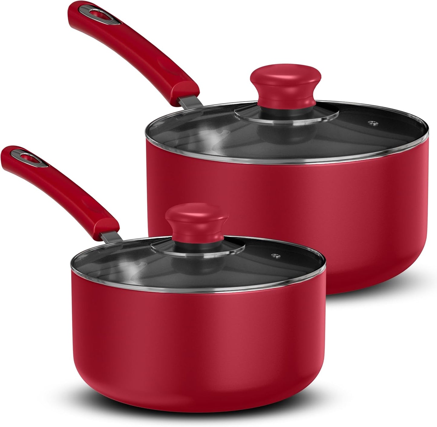 Nonstick Stock Pot Saucepan Set with Lids, 1 Quart and 2 Quarts Multipurpose Stock Pots Set for Home, Kitchen or Restaurant, Red & Black