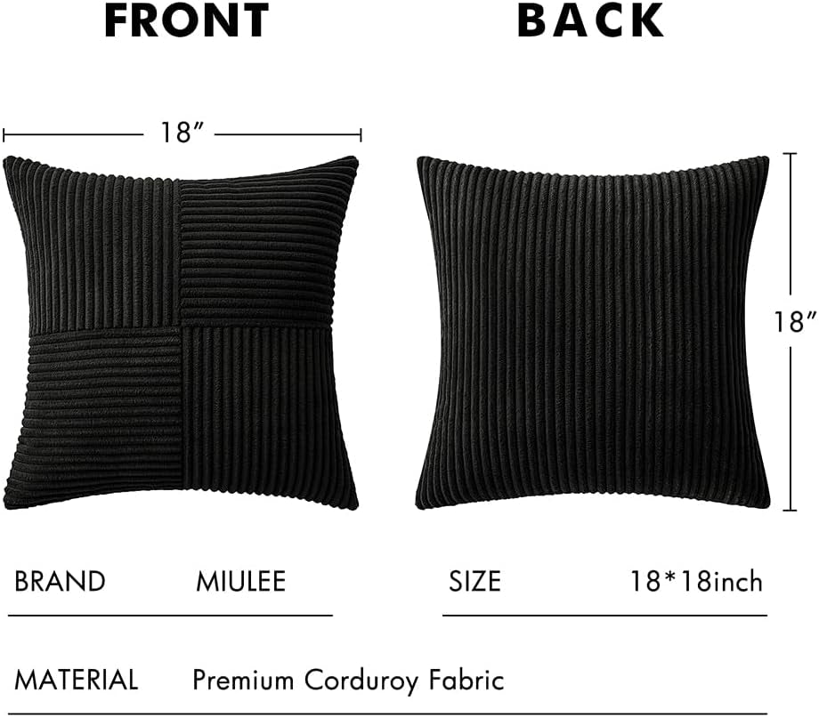 Black Corduroy Decorative Pillow Covers - Set of 2, 18x18 Inch Soft Solid Textured Cushion Covers with Cross Patchwork for Living Room and Sofa