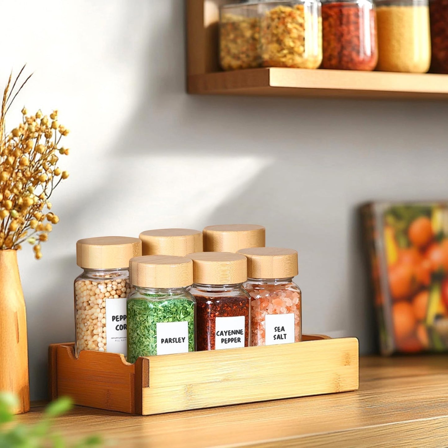4 Oz 6Pcs Glass Spice Jars with Label, Empty Spice Containers with Bamboo Lids, Square Seasoning Containers Trial and Supplement Set, Small Seasoning Bottles for Salt, Herbs, Sugar, Pepper