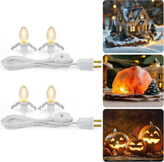 Accessory Cord with 2 LED Light Bulbs - UL Listed 5 Feet Christmas Village Cords, Rotary Switch, Fused Plug for Crafts, Halloween Pumpkin, Holiday Ornaments, White Cord, Warm White, 2 Pack