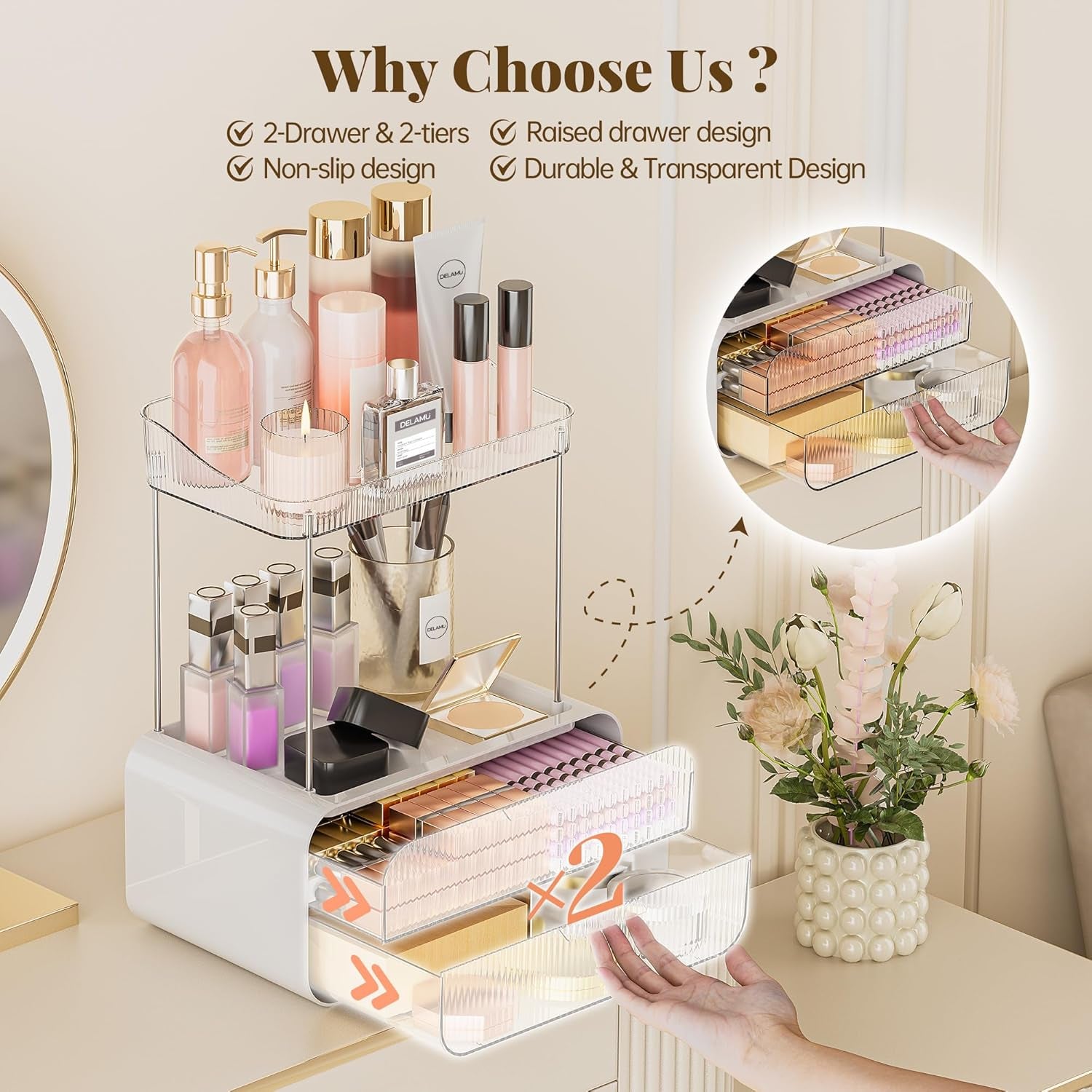 Bathroom Counter Organizer 2-Drawers 2-Tier Acrylic Makeup Organizer for Vanity Countertop, Skincare Perfume Storage, Easy Assembly, Ideal Gift for Women, Bath Linen Sets, Clear