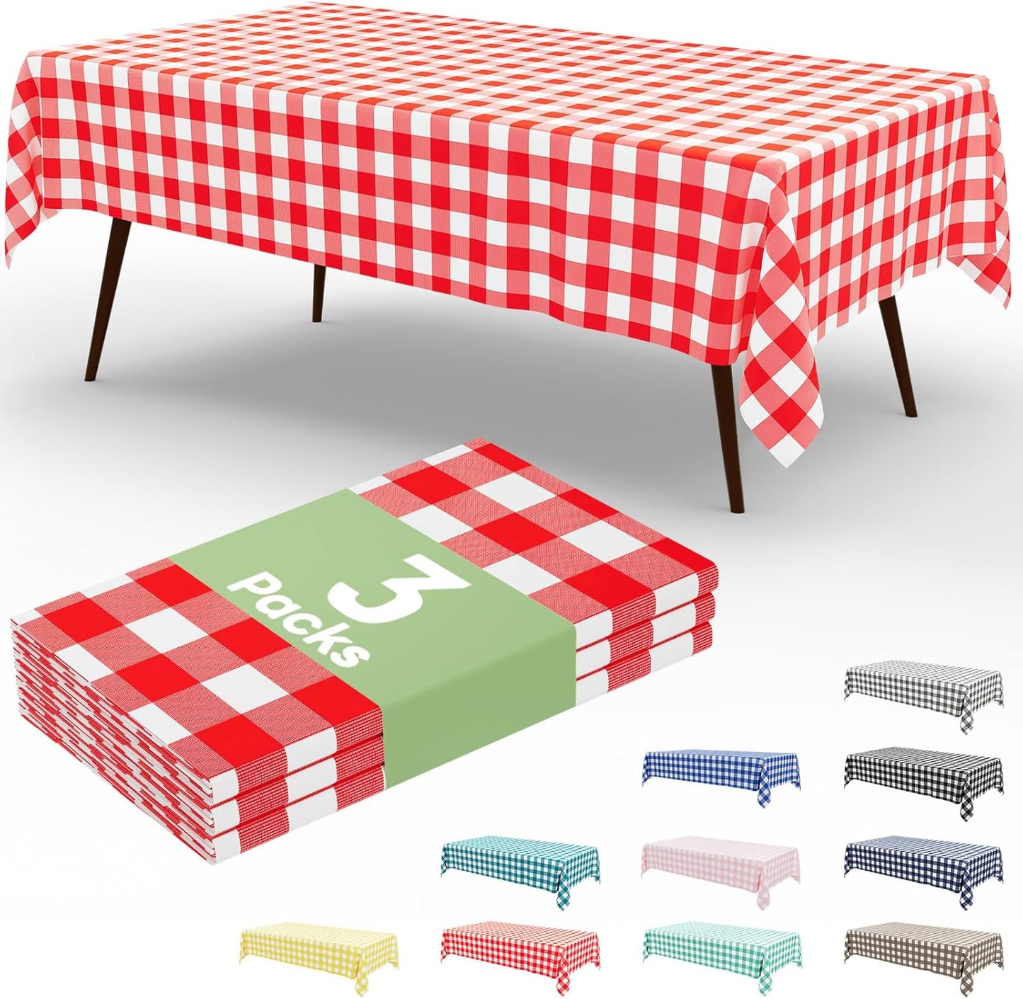 3 Packs Gingham Disposable Table Cloth, 54 X 108 Inch Waterproof Plastic Tablecloth, Rectangle Red and White Checkered Table Covers for Picnic, Birthday, Party