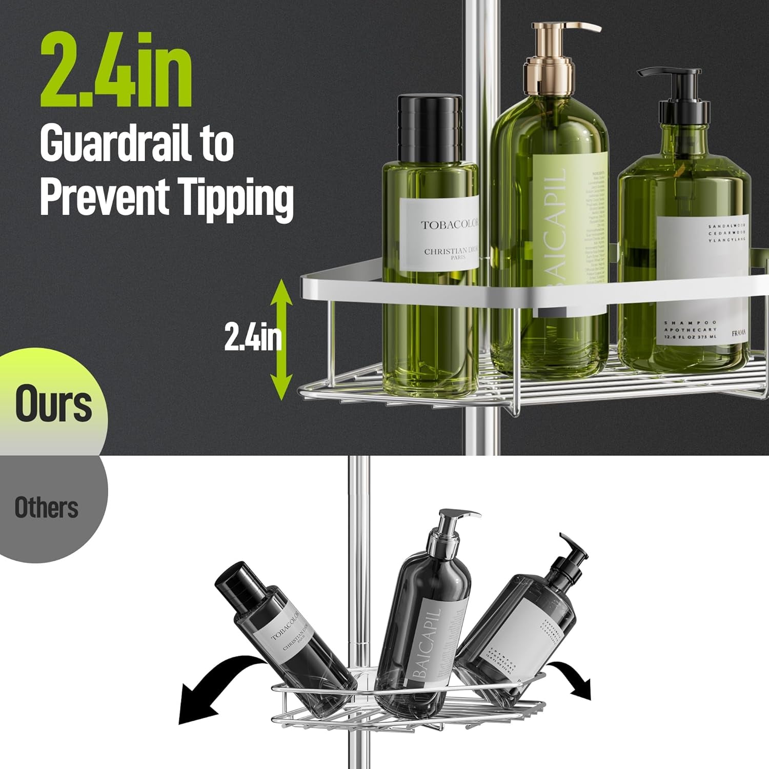 Corner Shower Caddy Tension Pole, Stainless Steel Shower Organizer, Strong Spring, 4 Adhesive Pads, 2.4" Non-Slip Grid Base, Adjustable 4-Tier Basket, 4 Hooks, Fits Heights 37.8-124", Silver