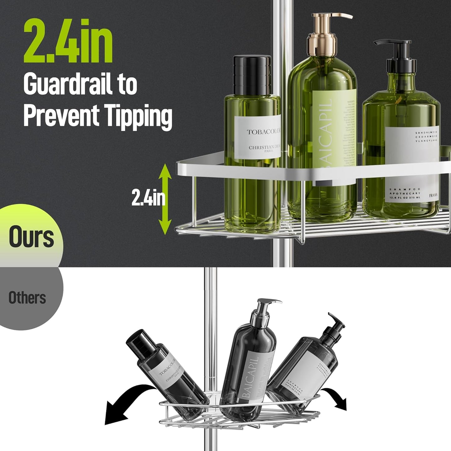 Corner Shower Caddy Tension Pole, Stainless Steel Shower Organizer, Strong Spring, 4 Adhesive Pads, 2.4" Non-Slip Grid Base, Adjustable 4-Tier Basket, 4 Hooks, Fits Heights 37.8-124", Silver