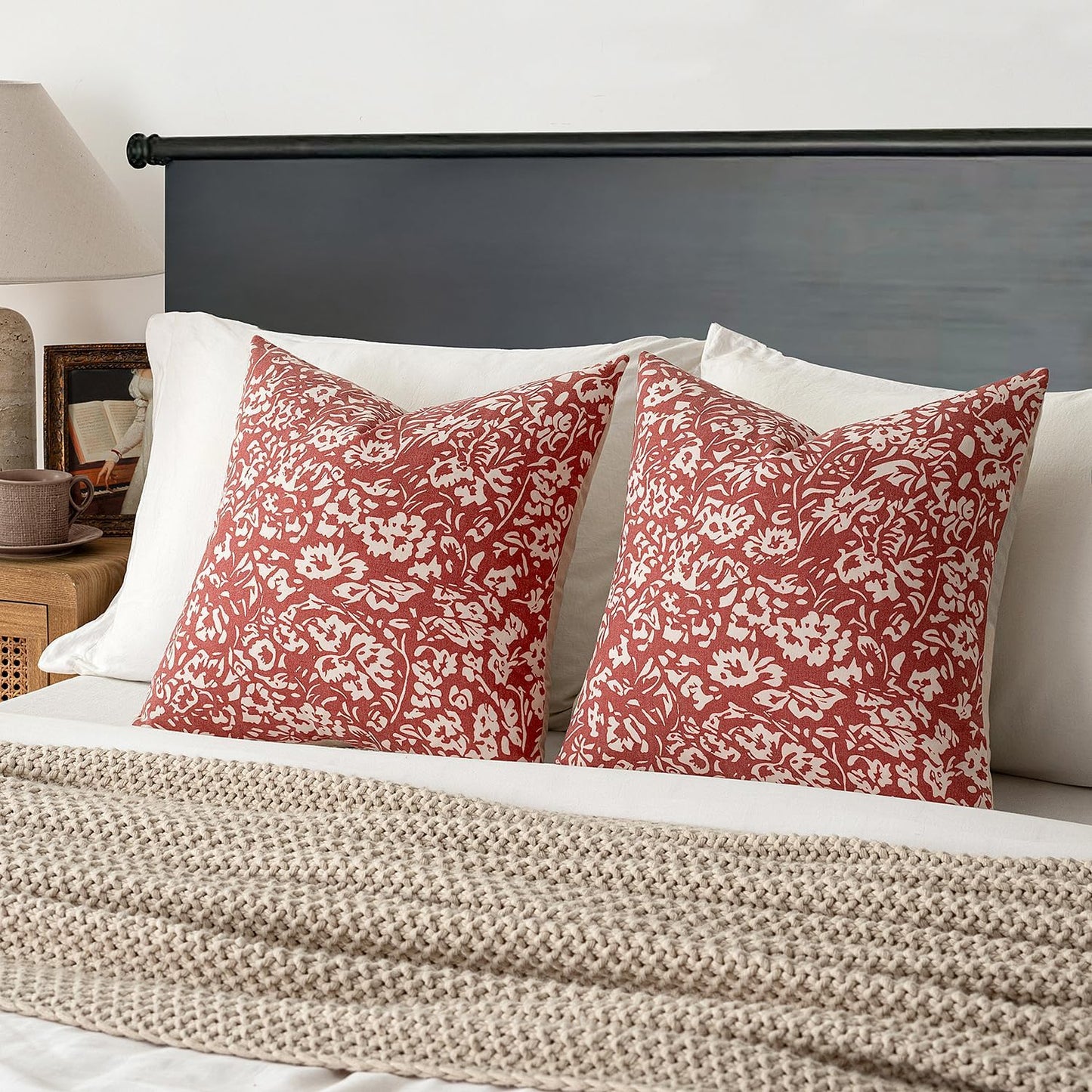 Floral Pillow Covers 18X18 Set of 2, Neutral Linen Decorative Throw Pillow Covers for Sofa Couch Outdoor Living Room, Farmhouse Cushion Covers, Red