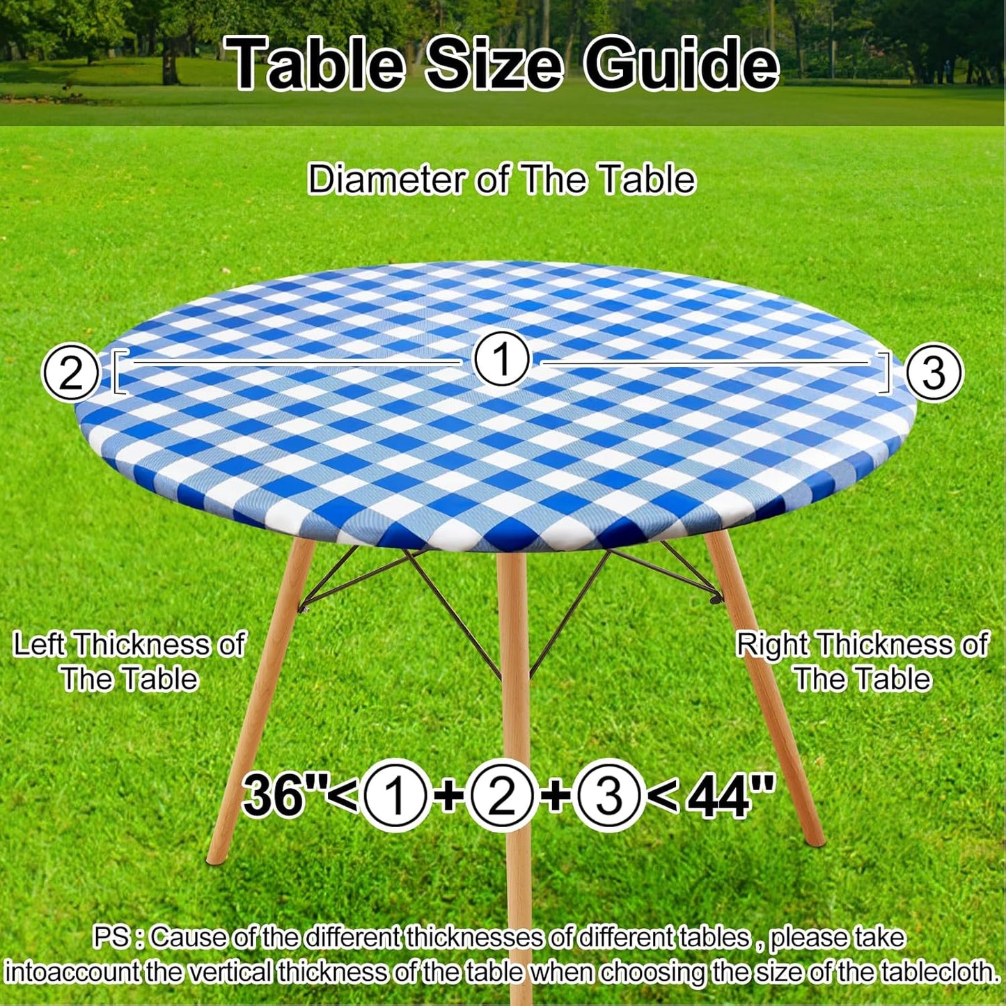 round Picnic Tablecloth, Elastic Waterproof Fitted Vinyl Tablecloths for 36"-44" Tables, Flannel Backed Buffalo Plaid Table Cover for Dining, Camping, Outdoor, White and Blue