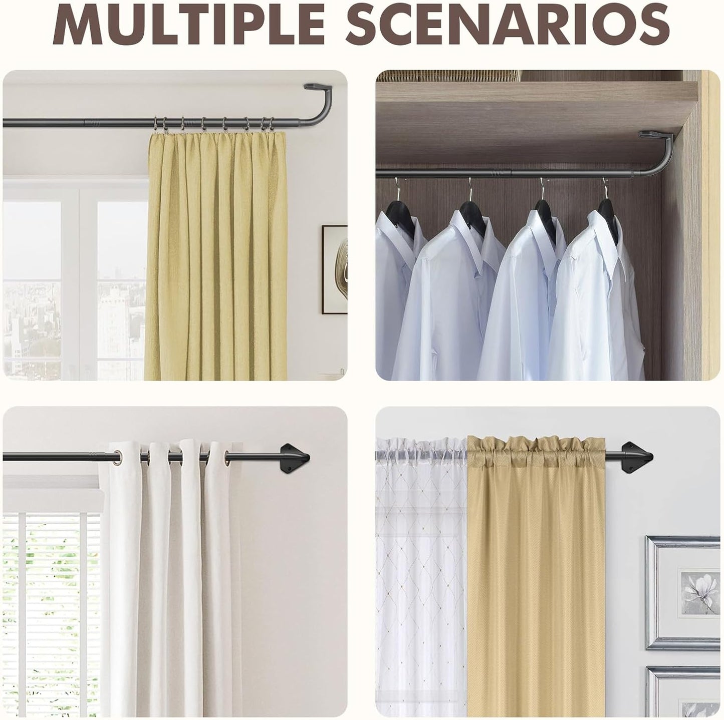 Curtain Rods, No Rust Adjustable Blackout Drapery Rods, 5/8 Inch Diameter Wrap around Curtain Pole for Windows, Ideal for Bedroom, Outdoor (28-48 Inch, Black)