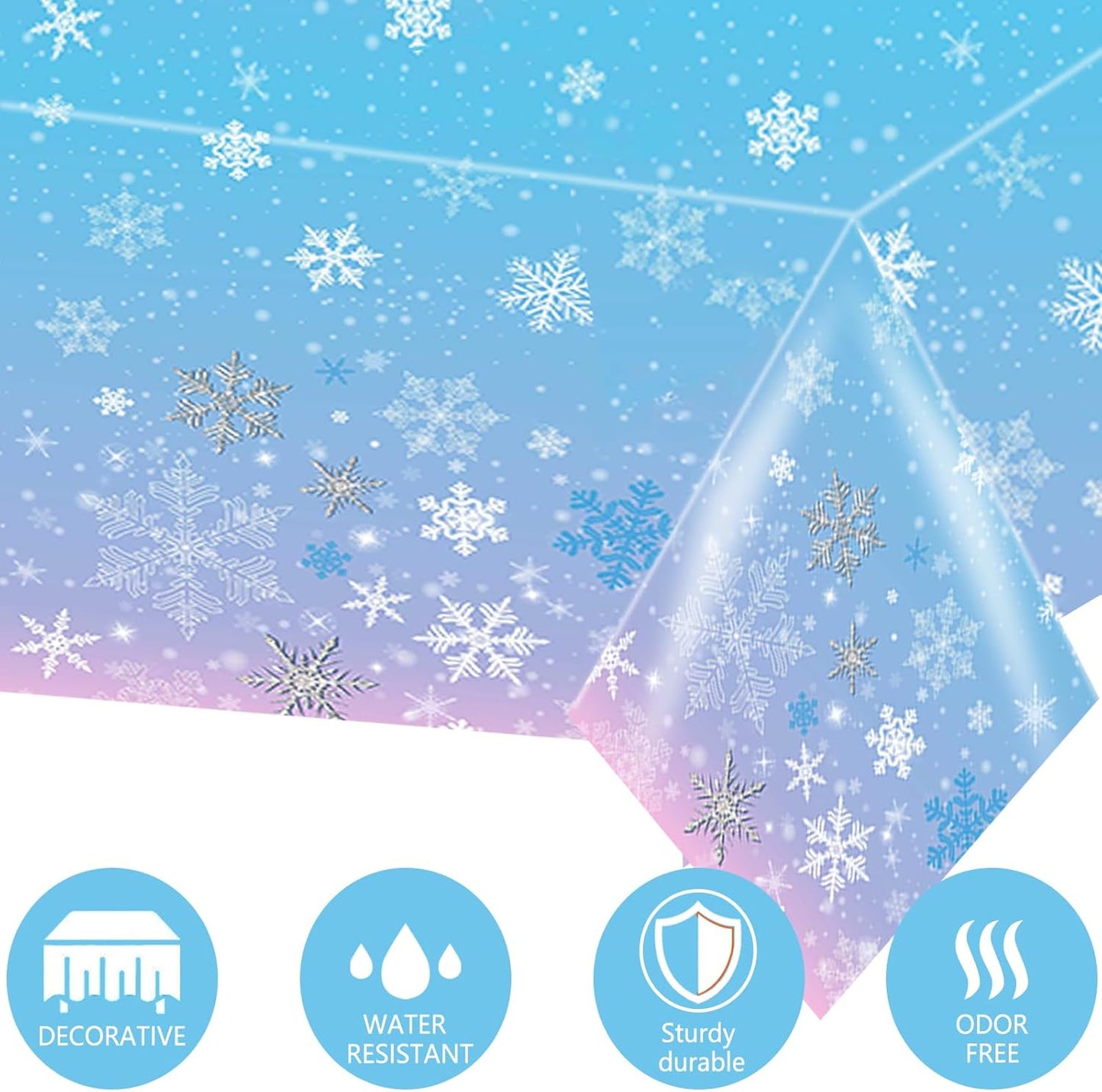3 Packs Christmas Snowflake Tablecloth 51 X 87 Inch Winter Frozen Wonderland Table Cover Disposable White Snowflake Plastic Table Cloth Blue and Pink Snowflake Tablecloths for Christmas Party