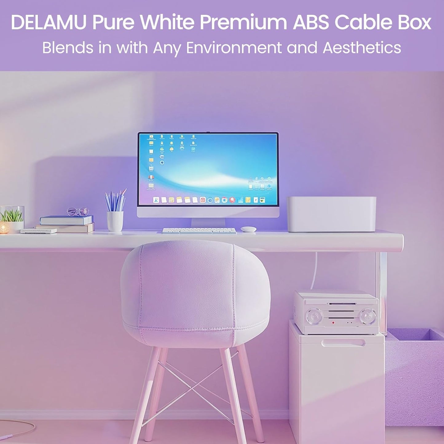 2 Pack Cable Management Box, Stylish Cord Organizer for Desk, Pet & Child-Proof ABS Cords Hider Box, under Desk Cable Box for Computer Router USB Hub & Power Strip, White