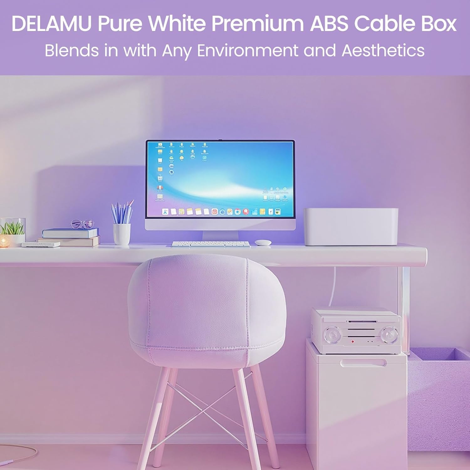 2 Pack Cable Management Box, Stylish Cord Organizer for Desk, Pet & Child-Proof ABS Cords Hider Box, under Desk Cable Box for Computer Router USB Hub & Power Strip, White