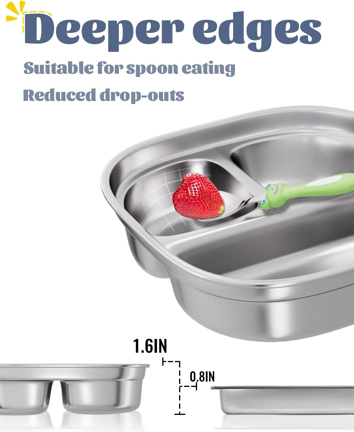 Stainless Steel Kids Plates, Divided Toddler Plate with Lids, 4 Pack 3 Sections Metal Snack Plate Tray, Non Toxic & BPA Free