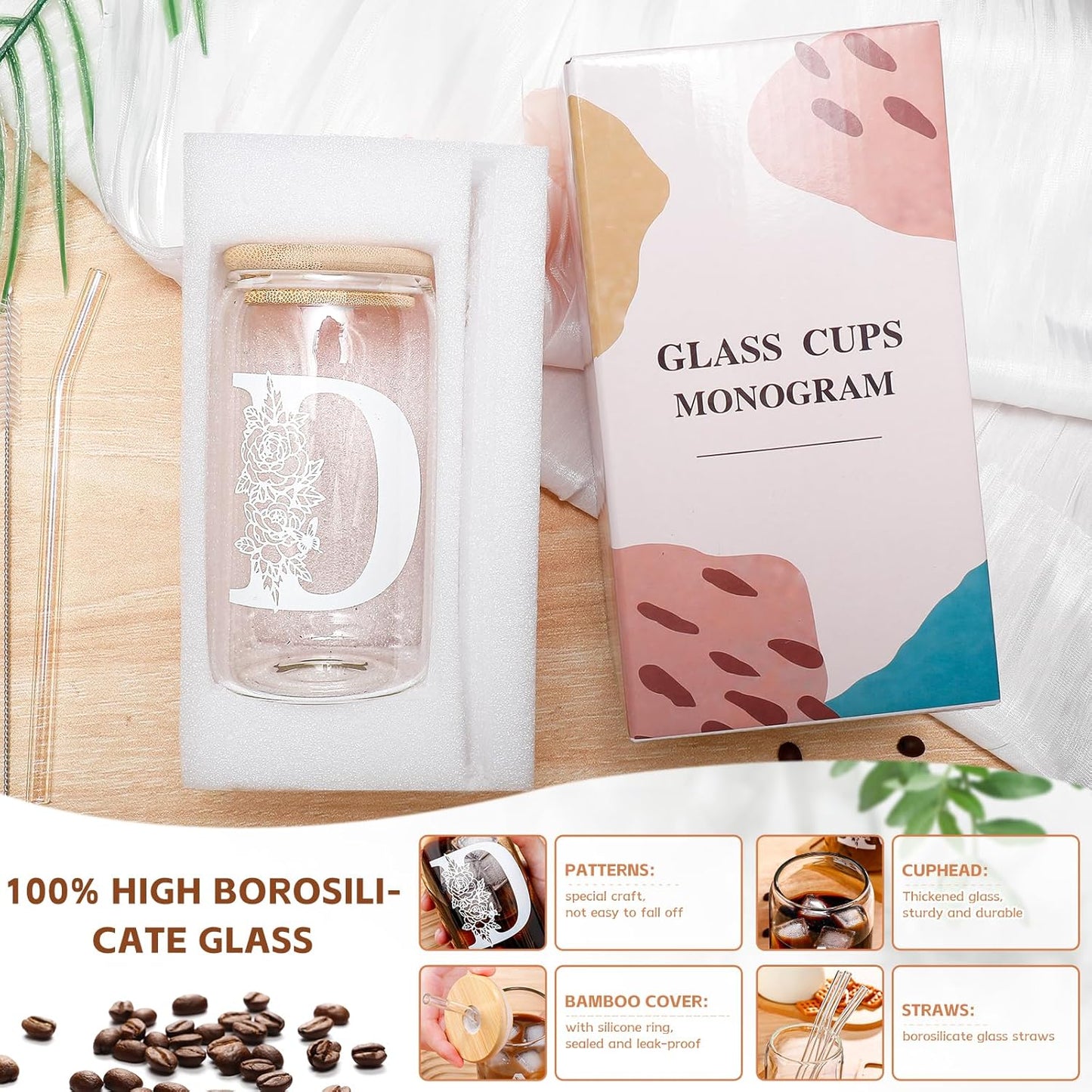 Gifts for Holidays,Birthday Gifts for Women,Personalized Initial Glass Cup as Iced Coffee Cups,Aesthetic Smoothie Cup Cute Beer Tumbler,16 Oz Glass Cups with Lids and Straws-D(1Psc)
