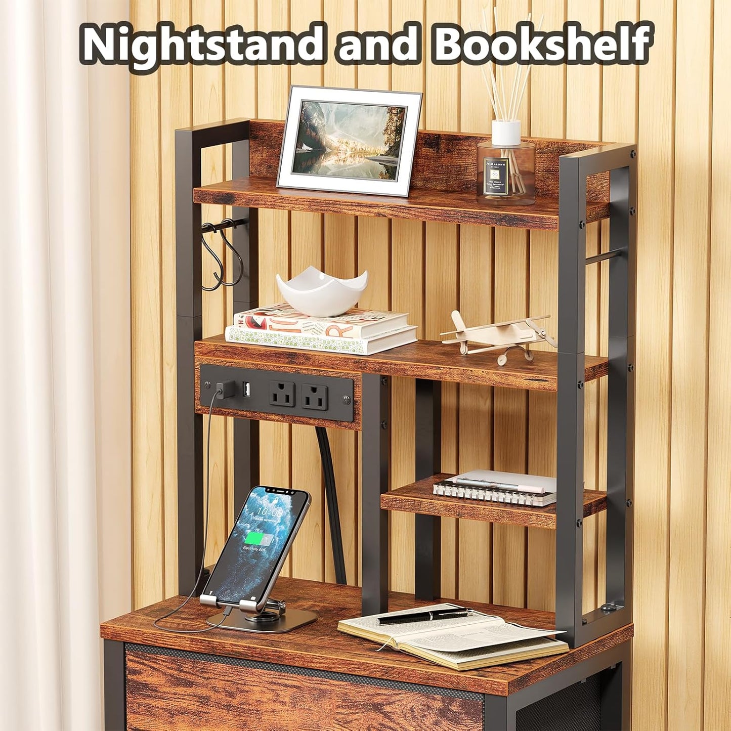 Tall Nightstand with LED Charging Station, USB Ports, Four Fabric Drawers, and Four-Tier Storage Shelf - Rustic Brown Bedside Table for Bedroom, Home, Dorm, and Office