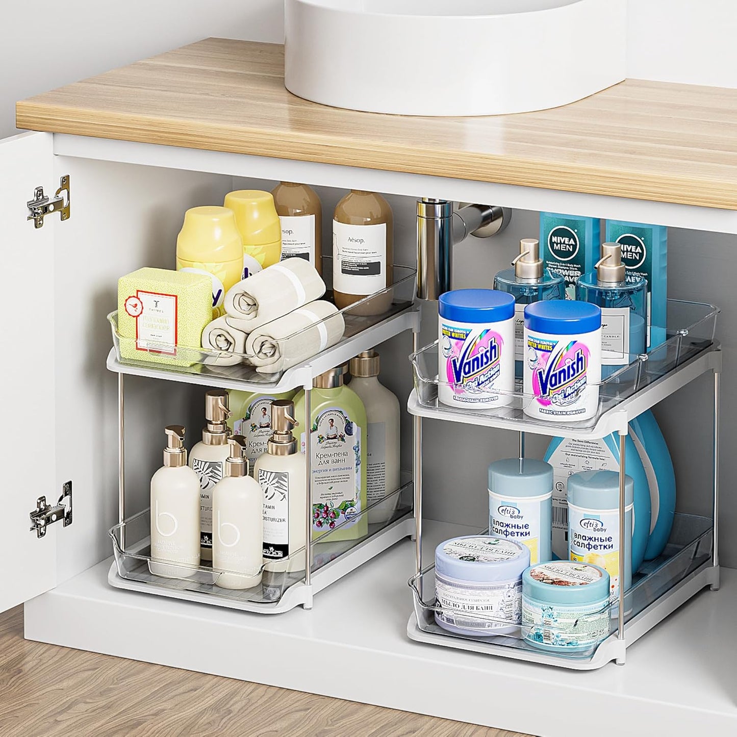 2 Sets of 2-Tier Multi-Purpose Bathroom under Sink Organizers and Storage, Stackable Kitchen Pantry Organization, Pull Out Medicine Cabinet Organizer with 8 Movable Dividers