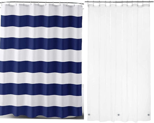 Navy Stripe Polyester Fabric Shower Curtains and 72X72 Inches PEVA 3G Shower Curtain Liner