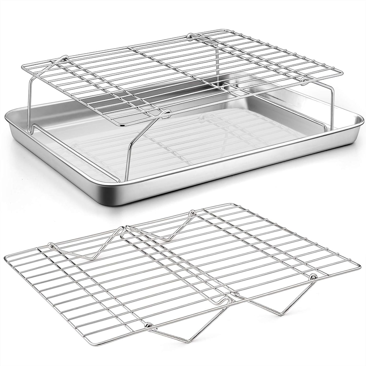 Baking Sheet and 2-Tier Cooling Racks Set,  Stainless Steel Baking Pan Tray with Stackable Cooking Wire Rack for Cookie Bacon Meat, Uncoated & Non-Toxic, Mirror Finish& Dishwasher Safe - 3Pcs